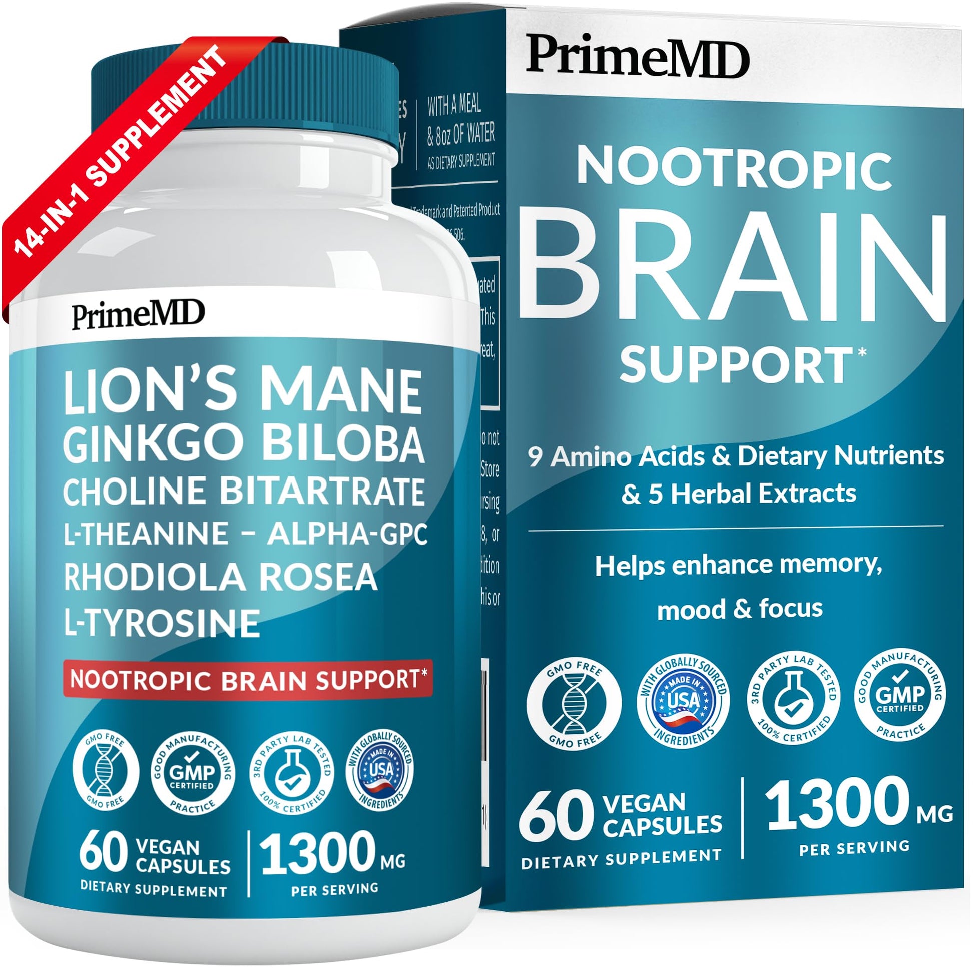 14-in-1 Lions Mane Supplement Capsules - Nootropic Brain Supplement with Ginkgo Biloba for Brain Support, Memory and Focus - Alpha GPC, L Theanine & Choline Supplements with 1300mg Per Serving (60 ct) PrimeMDAu supplements