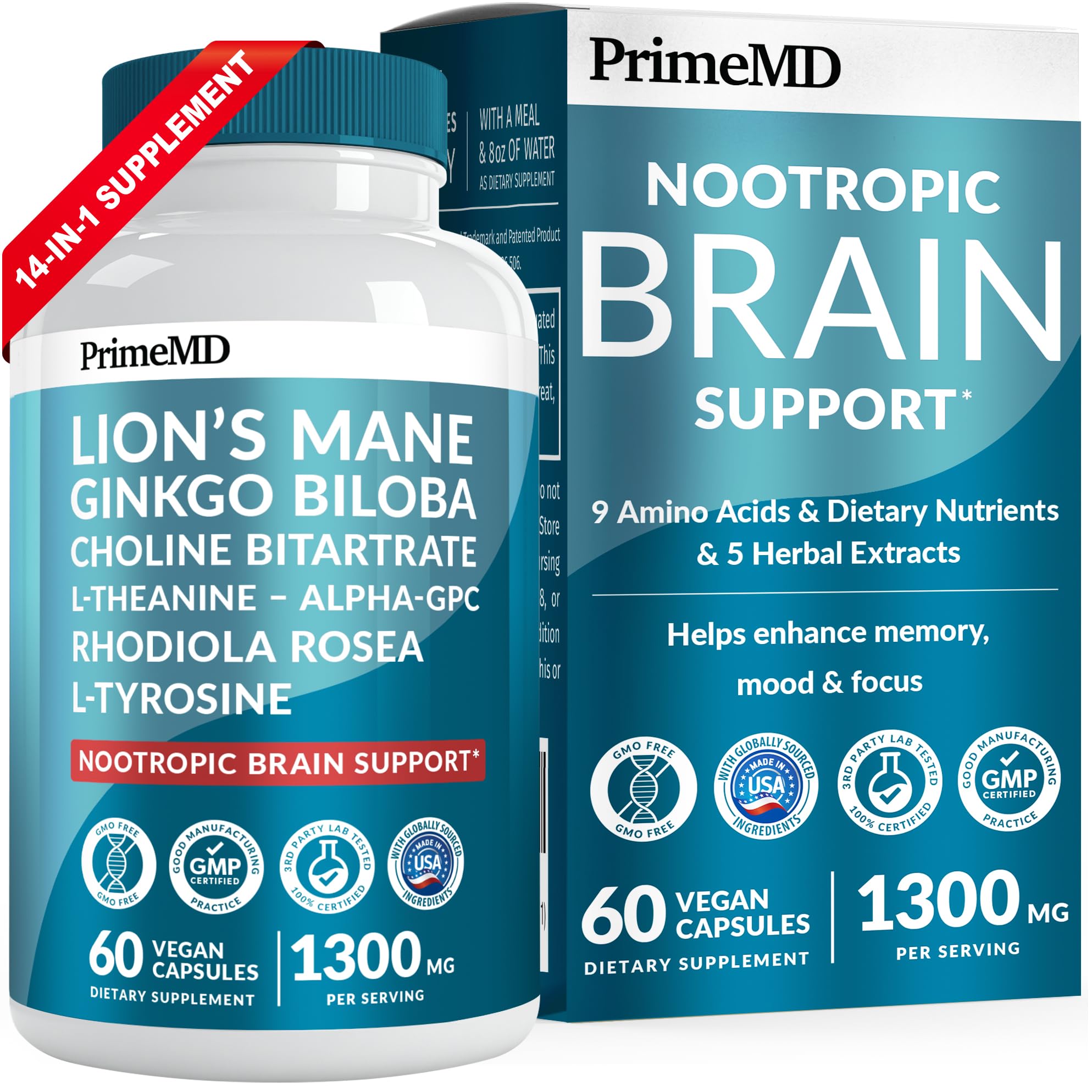 14-in-1 Lions Mane Supplement Capsules - Nootropic Brain Supplement with Ginkgo Biloba for Brain Support, Memory and Focus - Alpha GPC, L Theanine & Choline Supplements with 1300mg Per Serving (60 ct) PrimeMDAu supplements