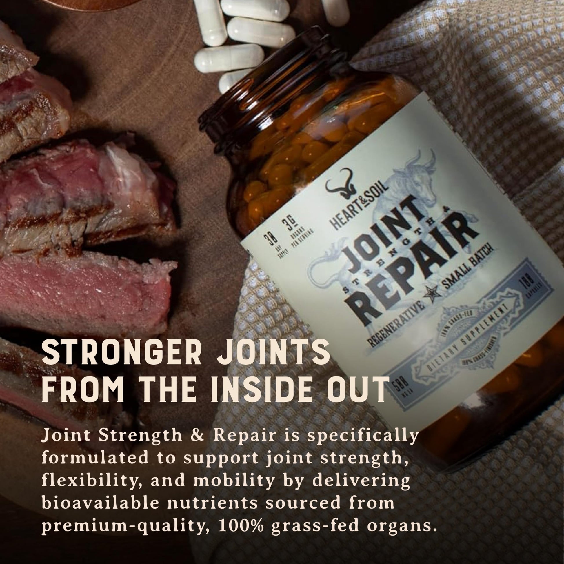 Heart & Soil 100% Grass Fed & Finished Joint Support Supplement from Regenerative Cattle with Trachea, Scapula & Bone Marrow – Supports Joint Strength & Mobility – 3000mg – Glass Bottle – 180 Capsules HEART & SOILAu supplements