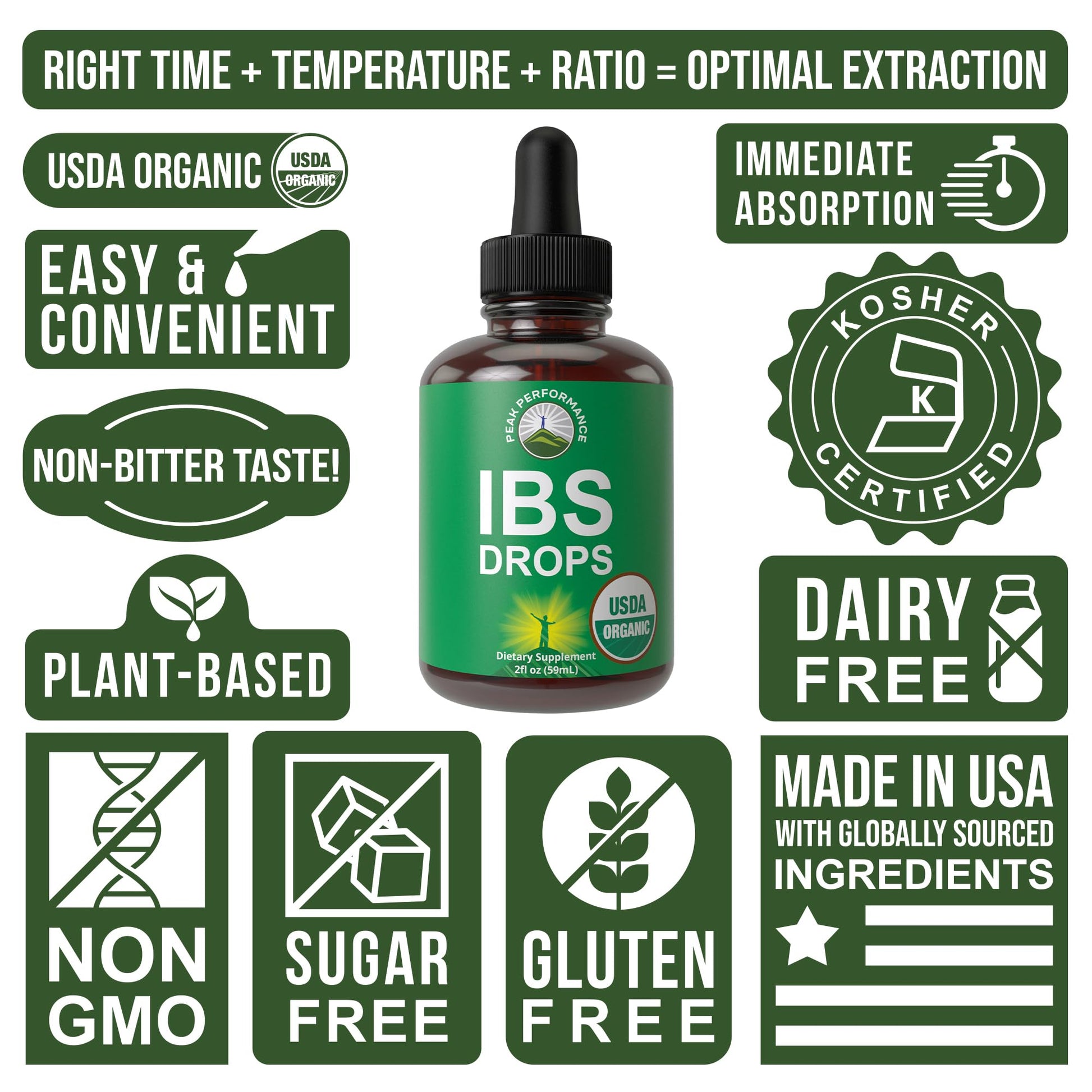 USDA Organic IBS Relief 5-in-1 Liquid Drops. for Ingestion, Bloating, Gas. Irritable Bowel Supplement with 5 Organic Ingredients. Peppermint Oil, Fennel Seed, Chamomile Flower, Rosemary, Holy Basil Peak PerformanceAu supplements