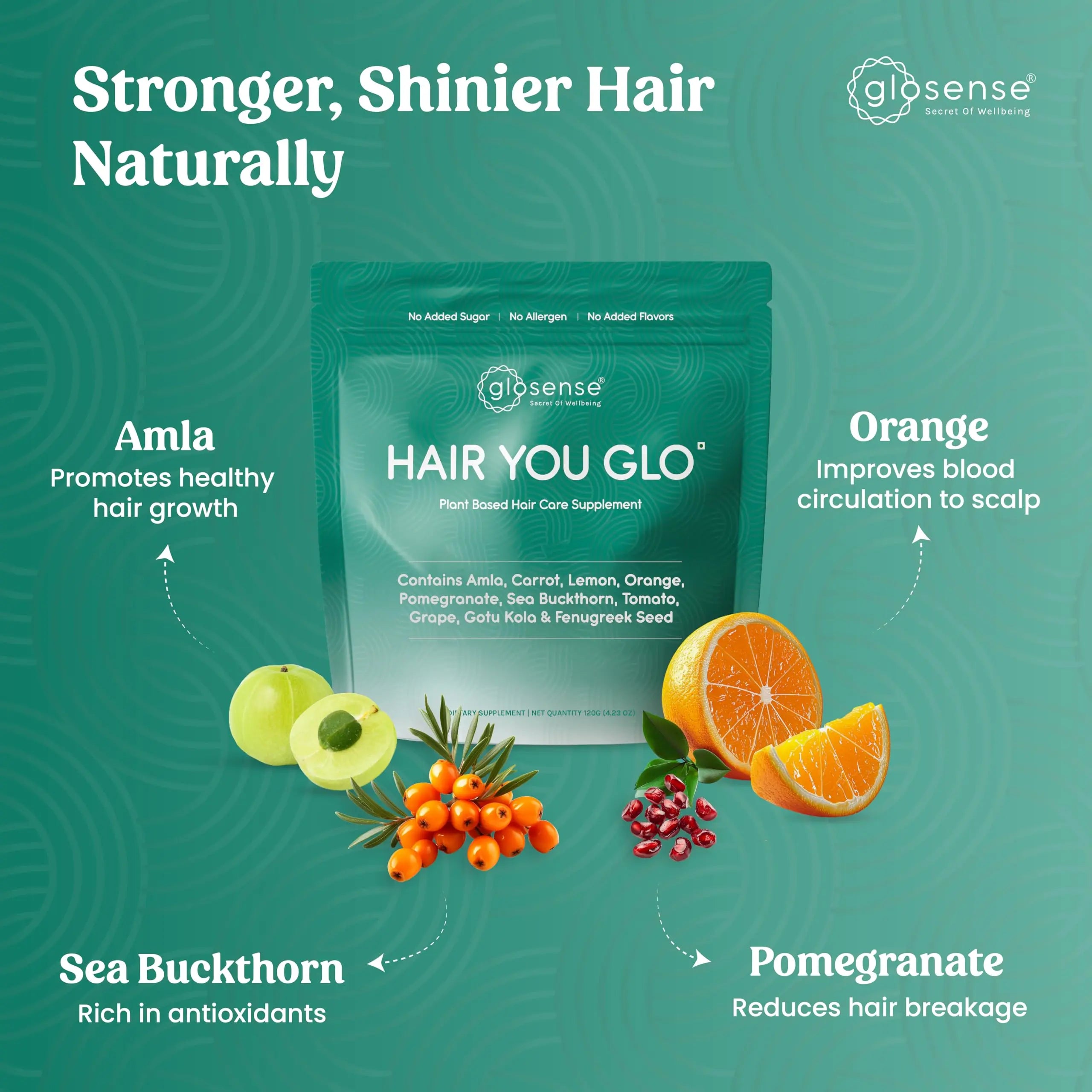 Glosense Hair You Glo – Plant-Based Biotin Supplement | Hair Growth Drink | Natural Hair Vitamins Powder with Amla, Sea Buckthorn, Gotu Kola | No Added Sugar, No Added Flavours | 30 Servings Glosensenz supplements