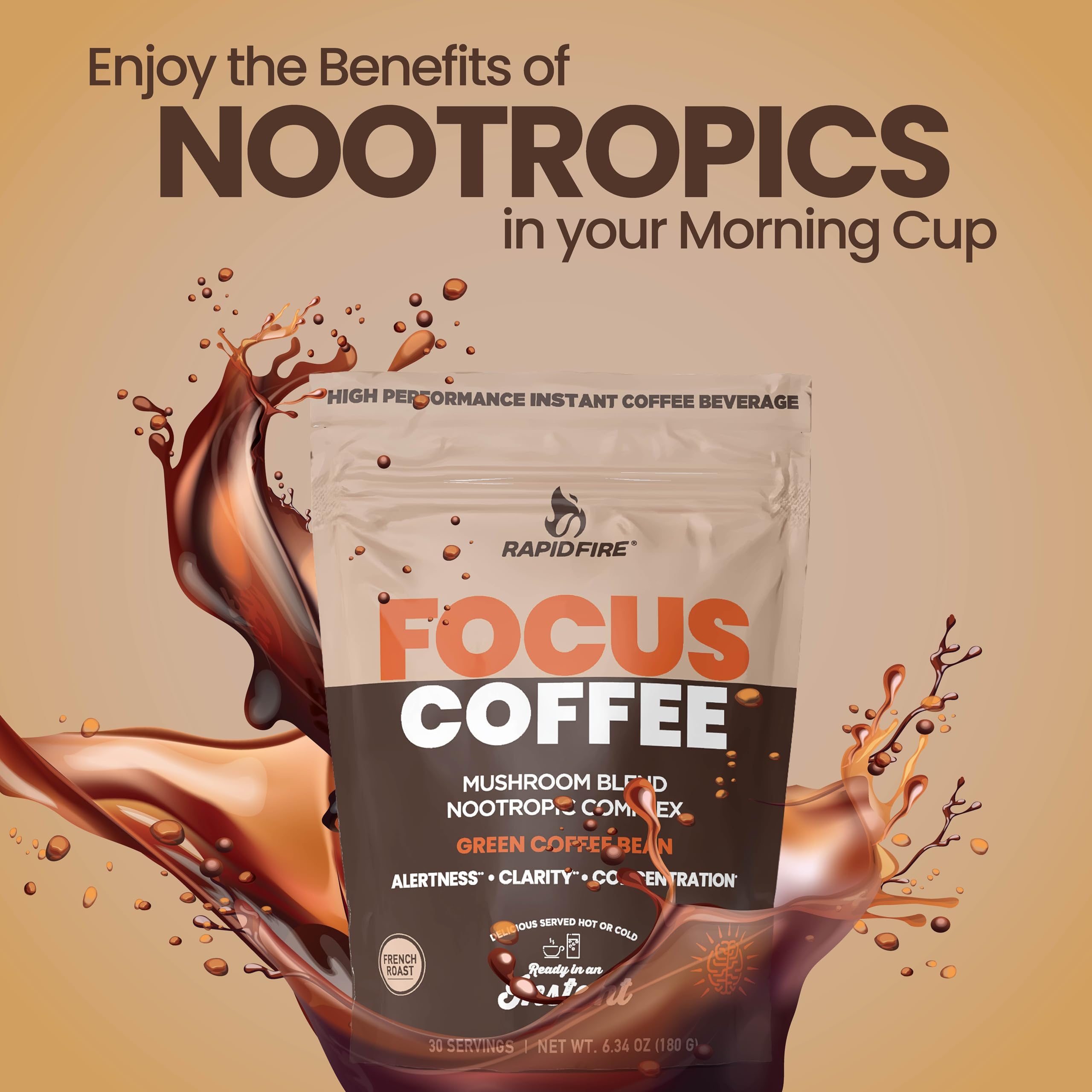 Focus Coffee Mushroom Blend, Nootropic Complex Coffee, Supports Alertness and Clarity, (Lion’s Mane, Cordyceps, Turkey Tail) Green Coffee Bean Instant Coffee for Focus & Gut Health, 30 Servings Rapid FireAu supplements