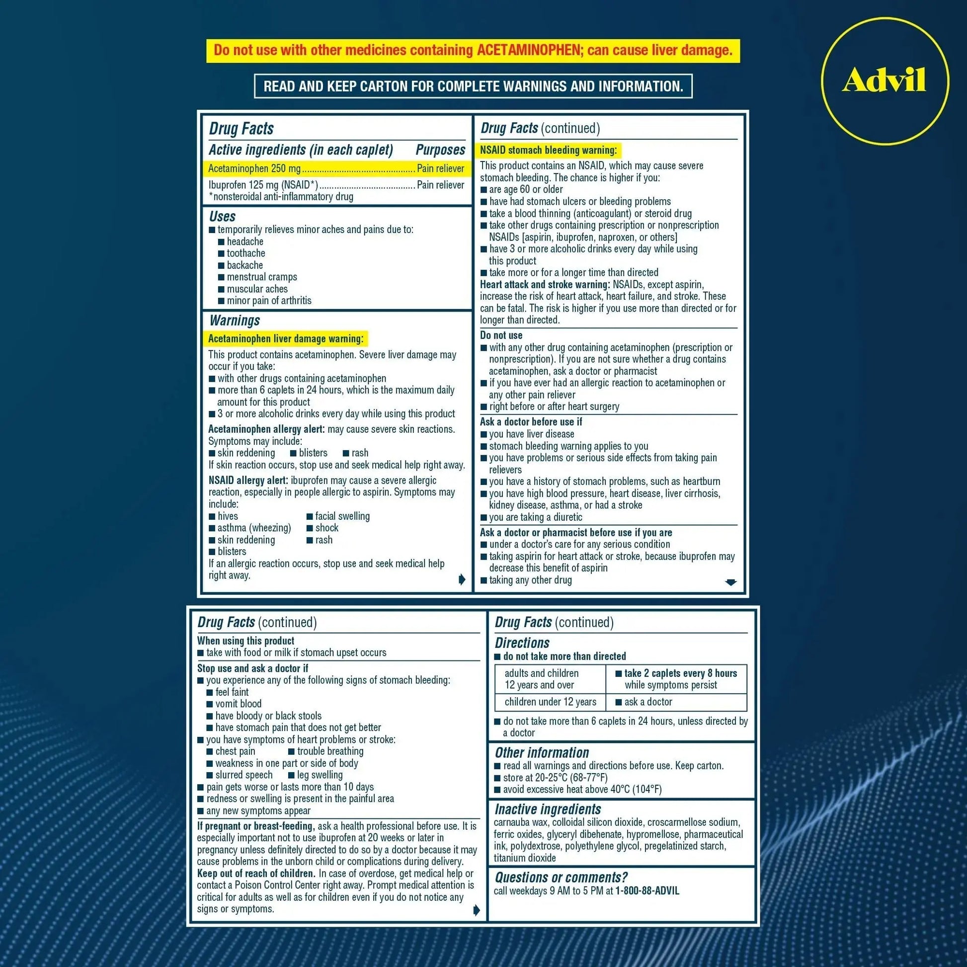 Advil Dual Action Coated Caplets, 125 Mg Ibuprofen and 250 Mg Acetaminophen per Dose (2 Dose Equivalent) for 8 Hour Pain Relief - 216 Count AdvilAu supplements