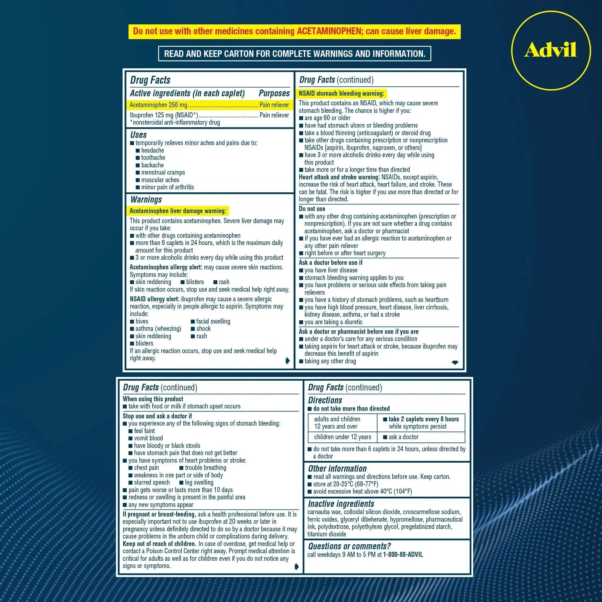 Advil Dual Action Coated Caplets, 125 Mg Ibuprofen and 250 Mg Acetaminophen per Dose (2 Dose Equivalent) for 8 Hour Pain Relief - 216 Count AdvilAu supplements