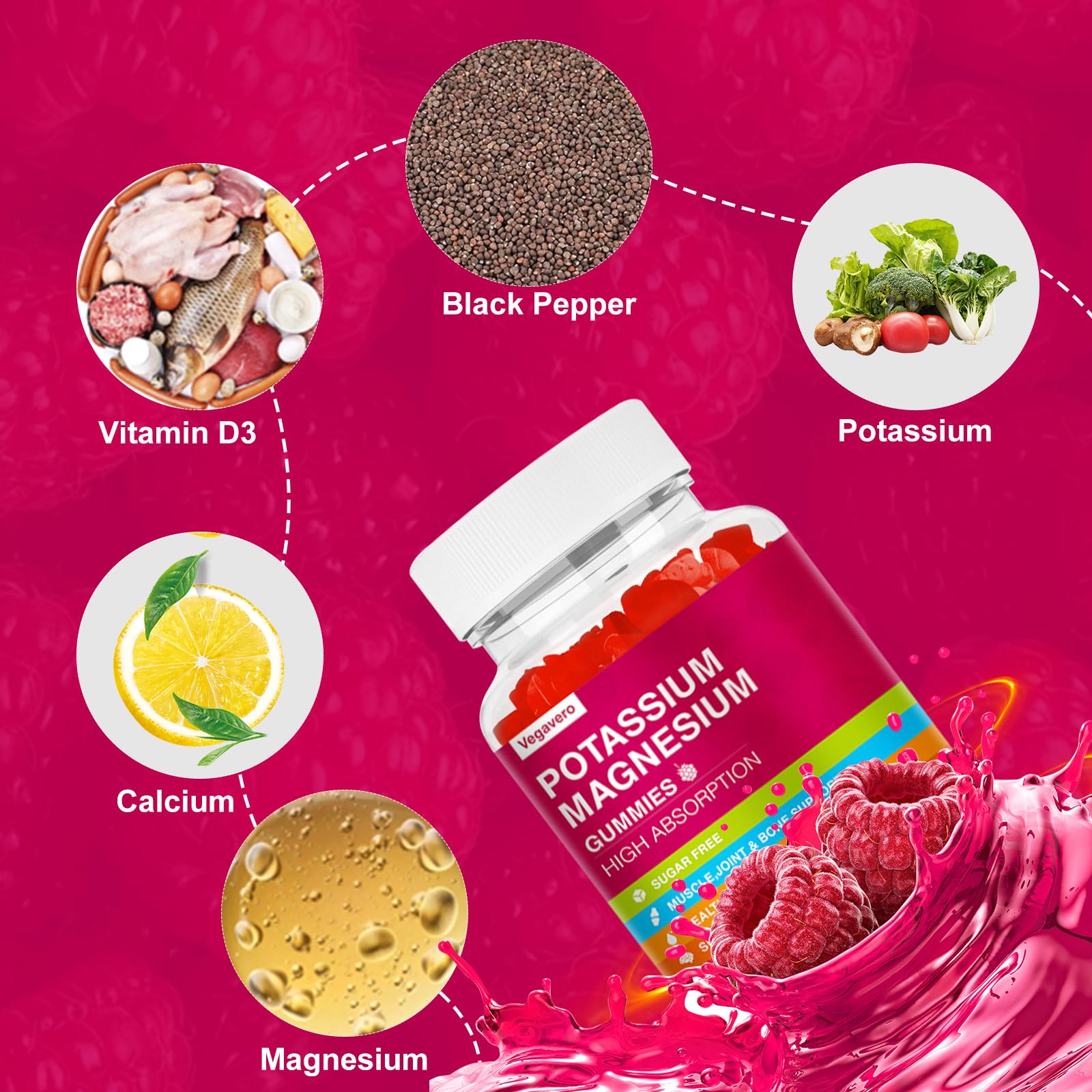 Potassium Magnesium Gummies - High Absorption Magnesium Glycinate & Potassium Citrate Plus Coenzyme Q10, DHA, D3, Mineral & Calcium for Zzz, Leg Cramps & Muscle - 60 Raspberry Gummies VegaveroAu supplements