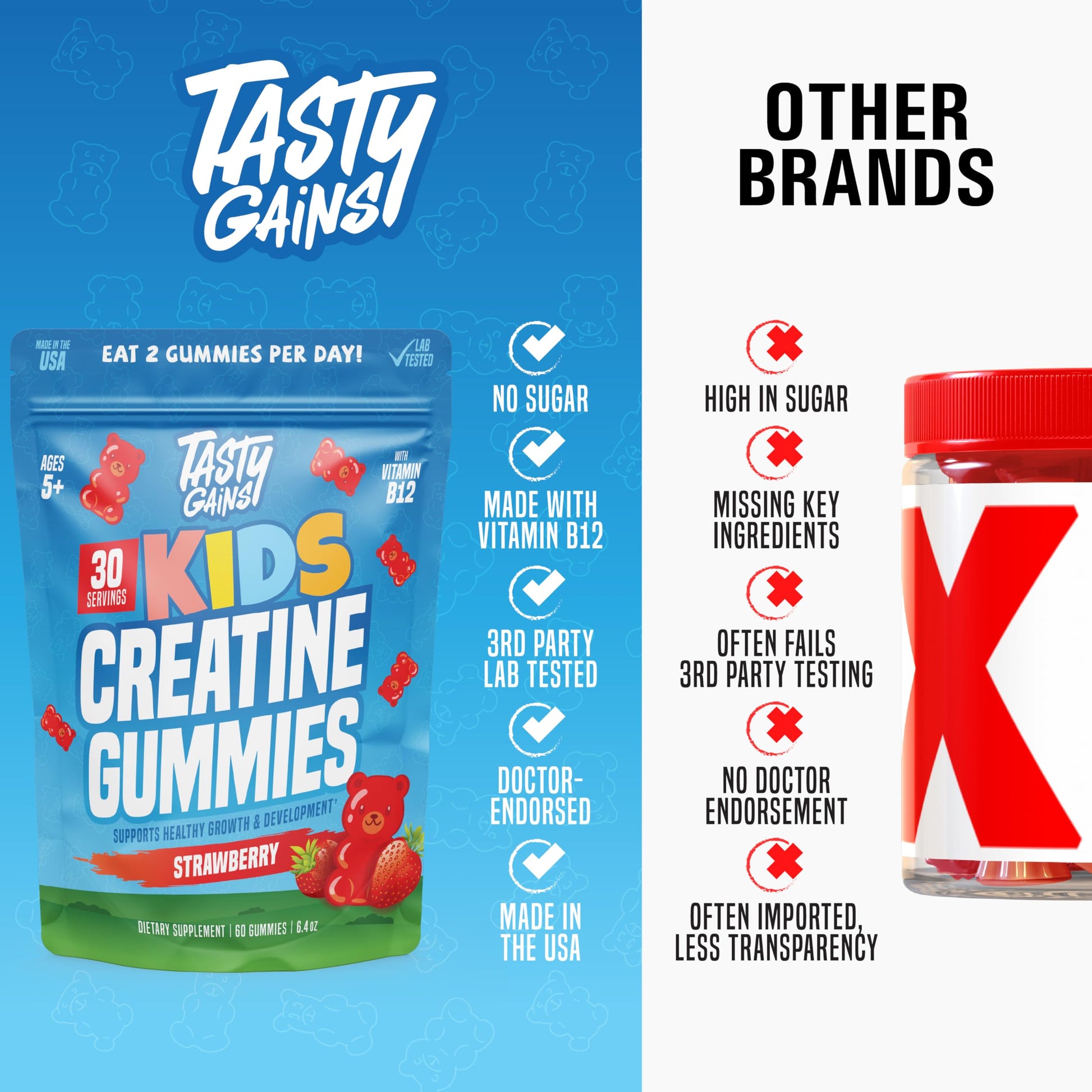 TASTY GAINS Kids & Teen Creatine Gummies with Vitamin B12 for Growth Support, Easy Chew Daily Supplement, Gummy Vitamins for Kids and Teens, Ages 5+ TASTY GAINSAu supplements