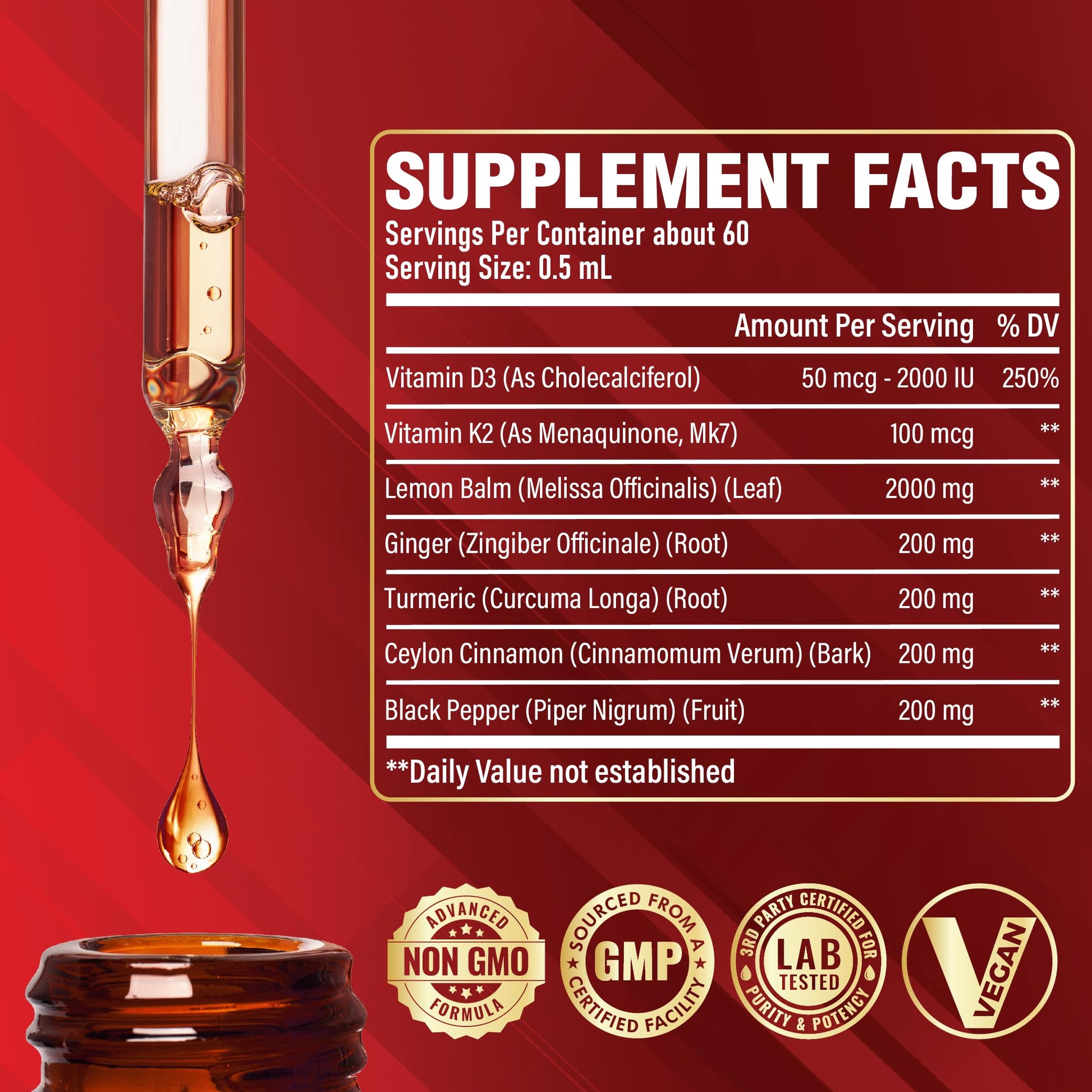 Satoomi 7in1 Lemon Balm Tincture with Vitamin D3, Vitamin K2, Ginger Root, Turmeric, Ceylon Cinnamon and Black Pepper - 1 FL Oz - 60 Day Supply SatoomiAu supplements