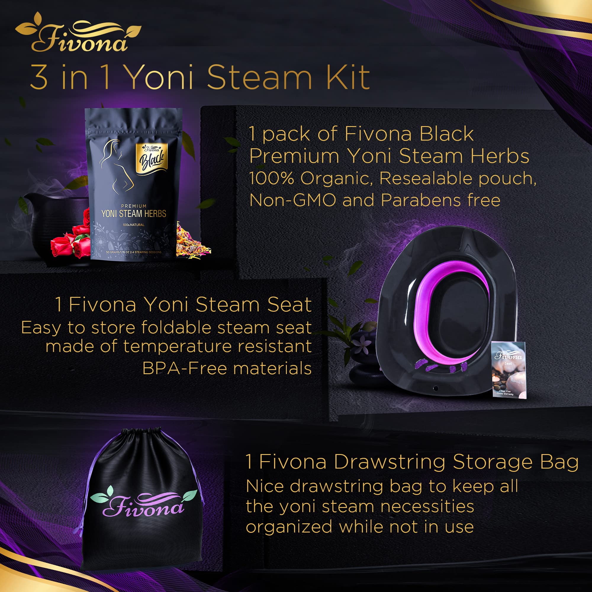 Fivona 3-in-1 Yoni Steam Kit Black - Foldable Over The Toilet Steamer Seat with Herbal Blend and Storage FIVONAAu supplements