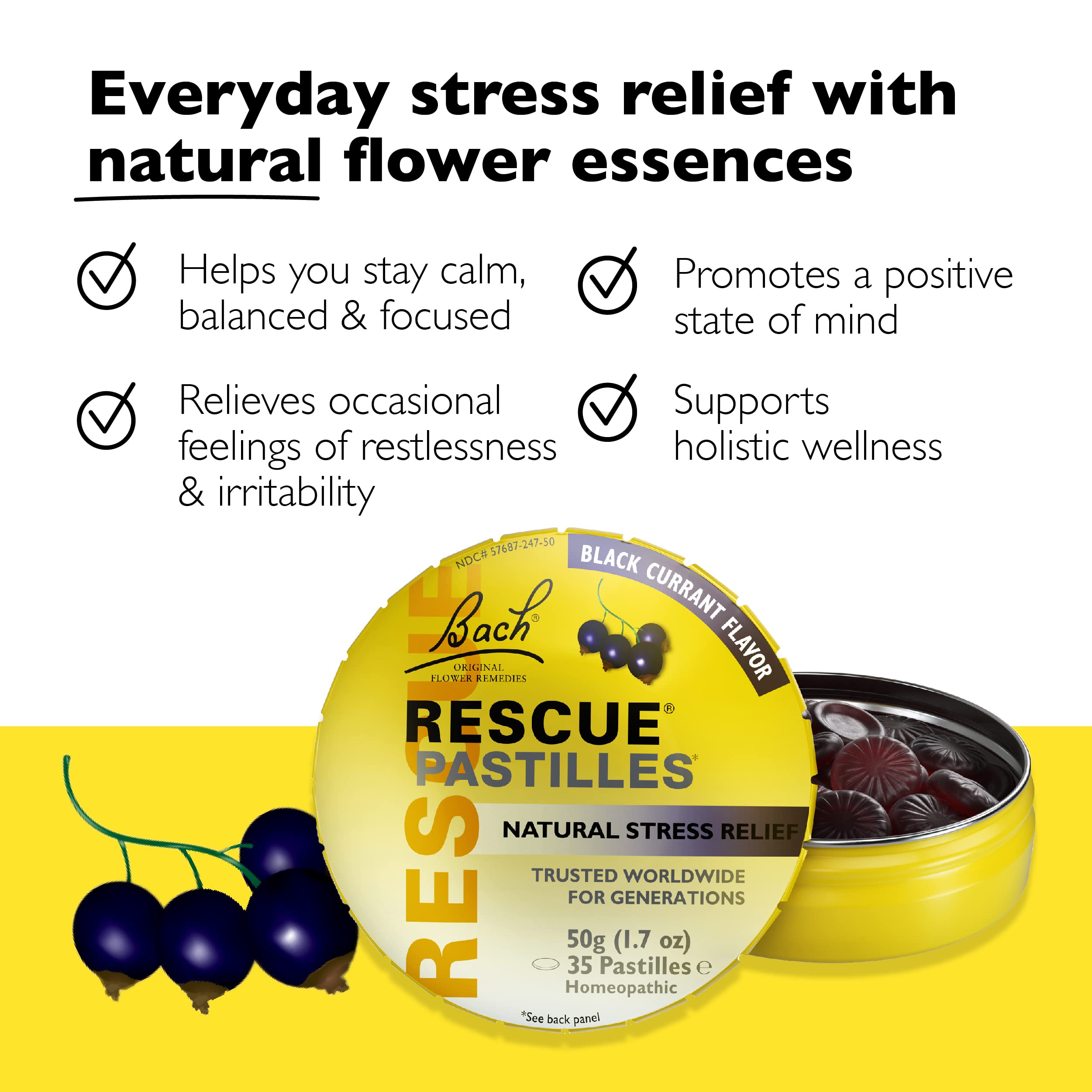 Bach RESCUE PASTILLES, Black Currant Flavor, Natural Stress Relief Lozenges, Homeopathic Flower RESCUEAu supplements