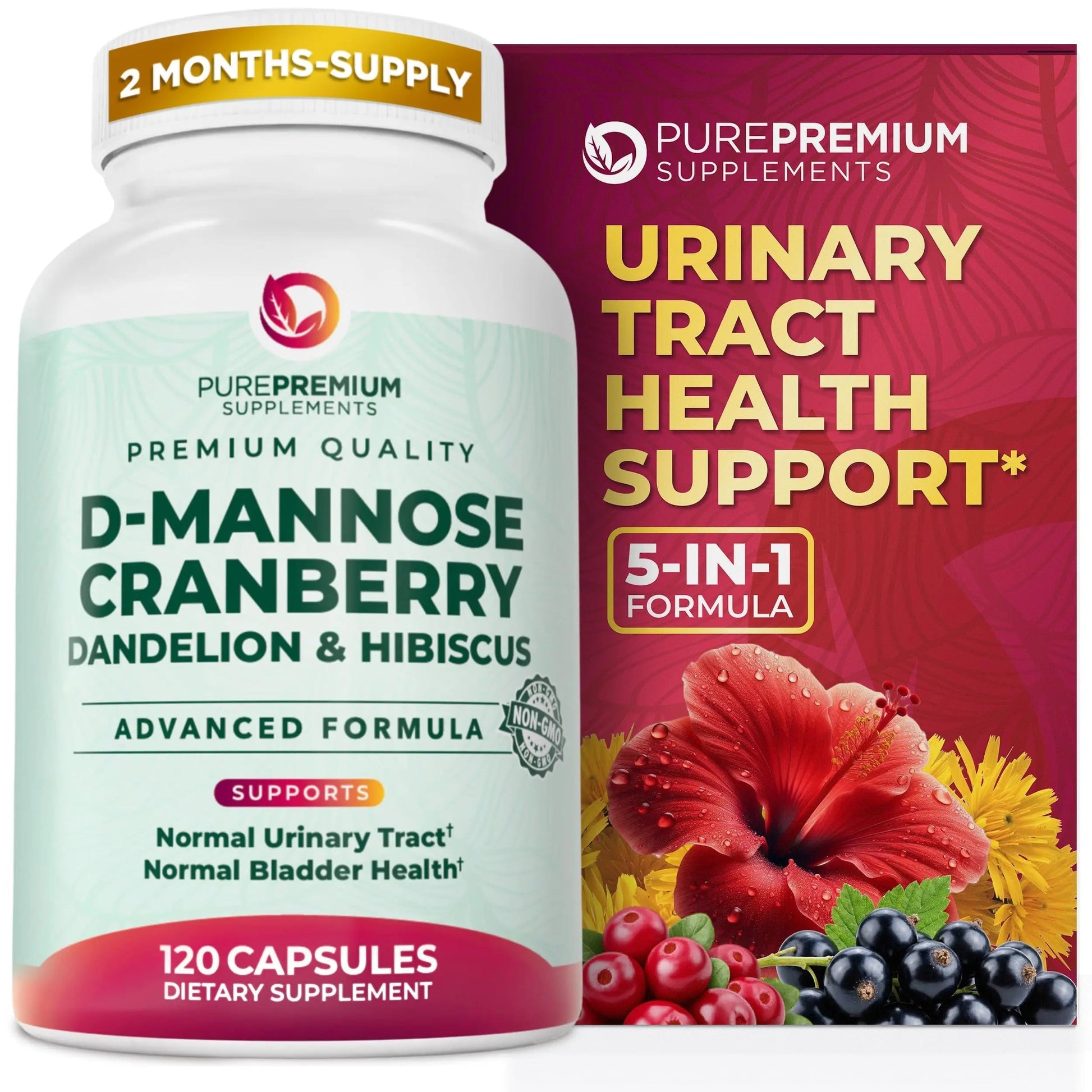 PurePremium D-Mannose with Cranberry, Hibiscus & Dandelion - 1000mg D-Mannose Supplements for Women Supports Urinary Tract Health & Bladder Health - Made in USA, Vegan, 120 Capsules, 2 Month Supply PurePremium SupplementsAu supplements