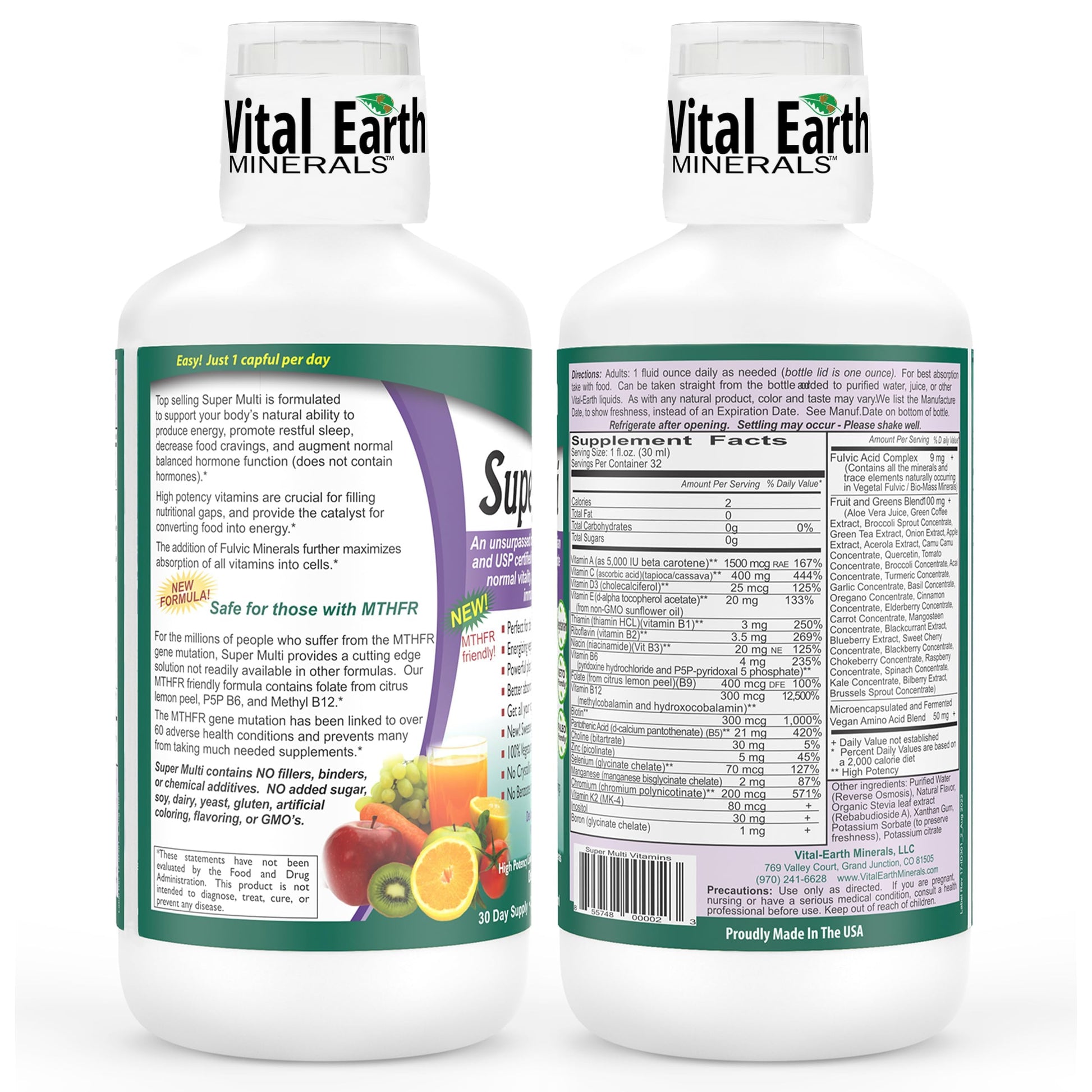 Vital Earth Minerals Super Multi – Liquid Multivitamins for Women, Men & Kids, Liquid Vitamins with Fulvic Acid for Better Absorption, MTHFR Support, 32 Oz + 1 Oz Cup Vital Earth MineralsAu supplements