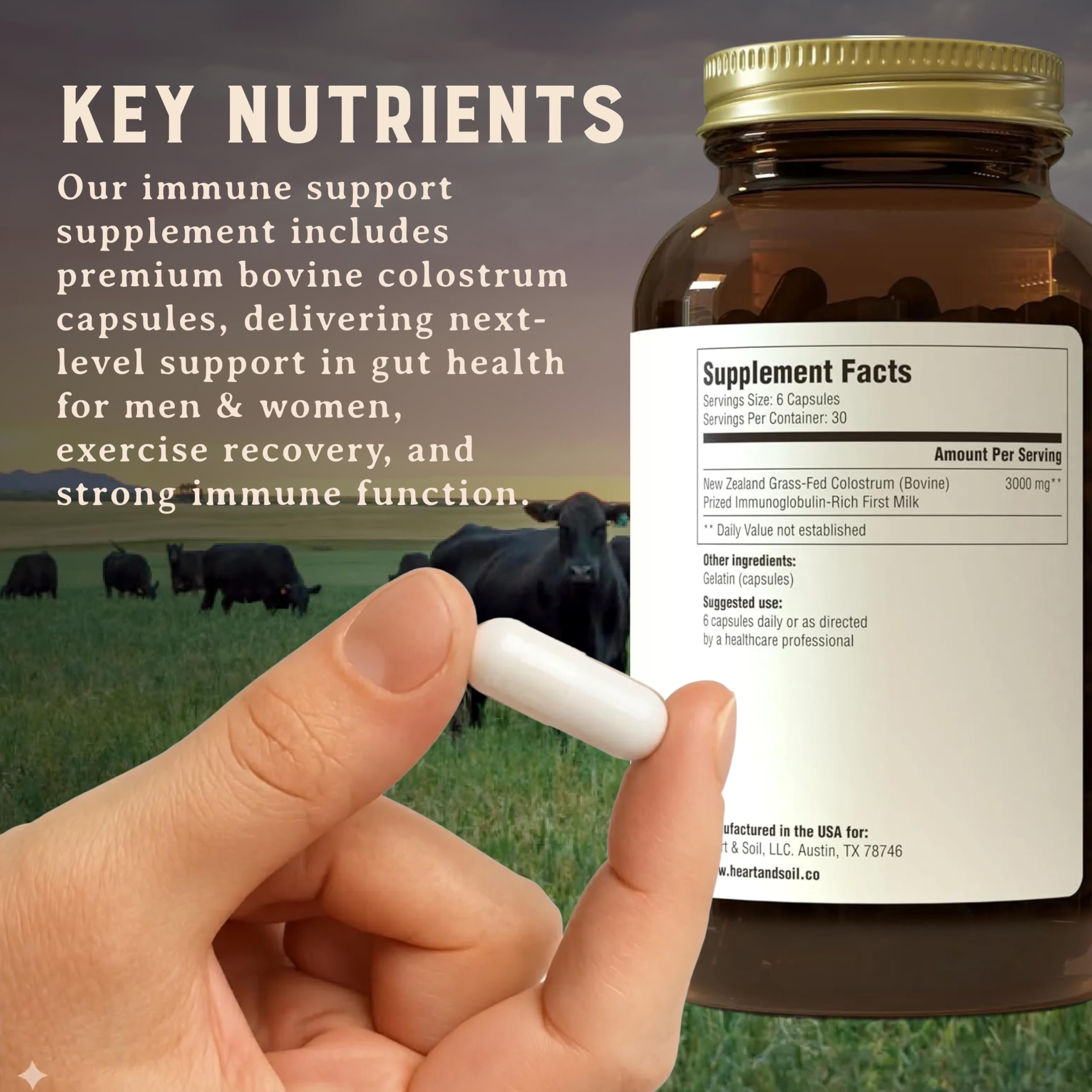 HEART & SOIL 100% Grass Fed & Finished Colostrum Supplement from Regenerative Cattle for Gut, Muscle & Immune Health – 3000mg Bovine Colostrum Capsules - Gut Health for Men & Women –180 Capsules HEART & SOILAu supplements