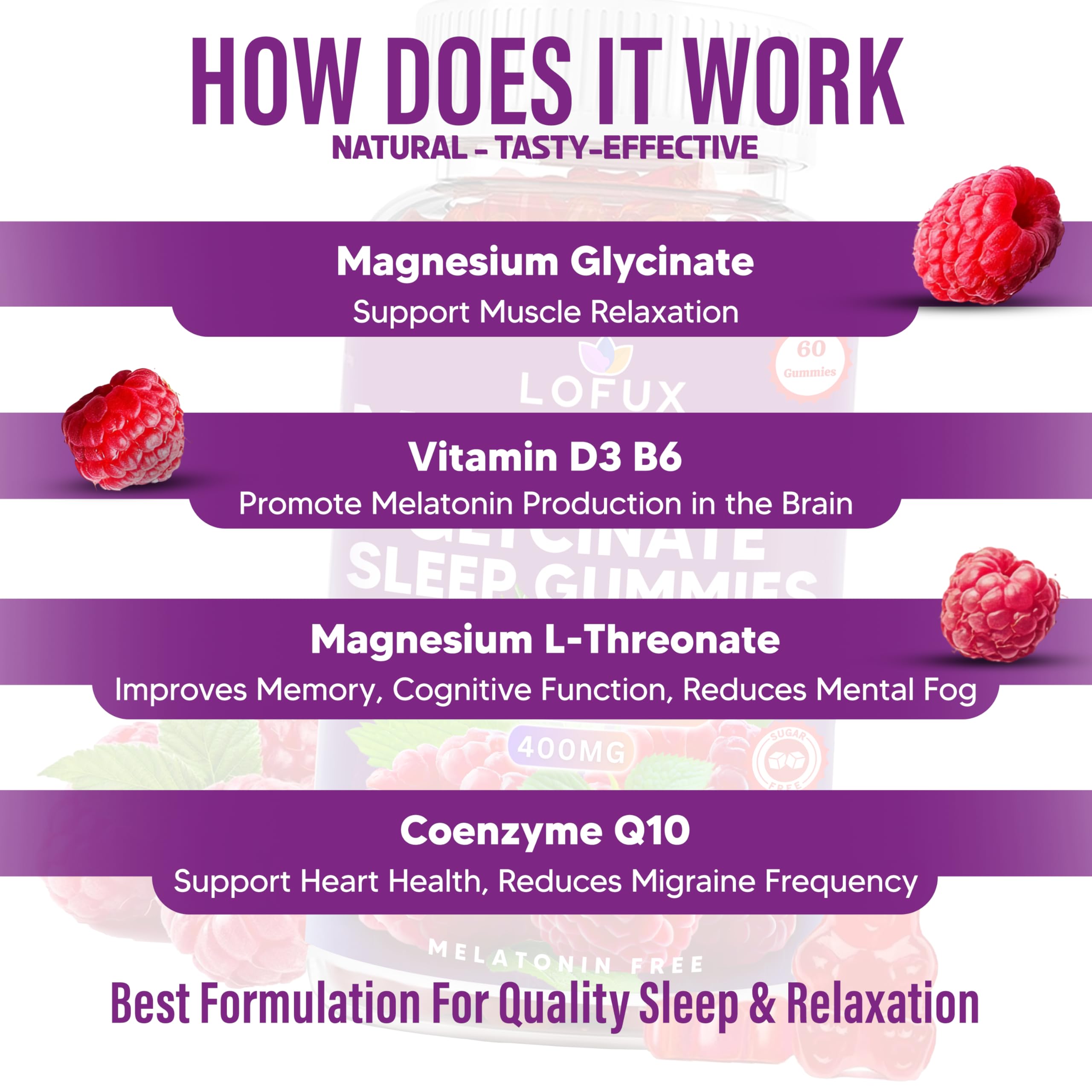 Lofux Magnesium Glycinate Gummies 400mg, Sugar Free Magnesium Gummies for Adults Women, Men, Chewable Supplement Gummy with L-Threonate, Vitamin D, B6, CoQ10 - for Calm, Sleep, Body Relaxation, 120 Ct LofuxAu supplements