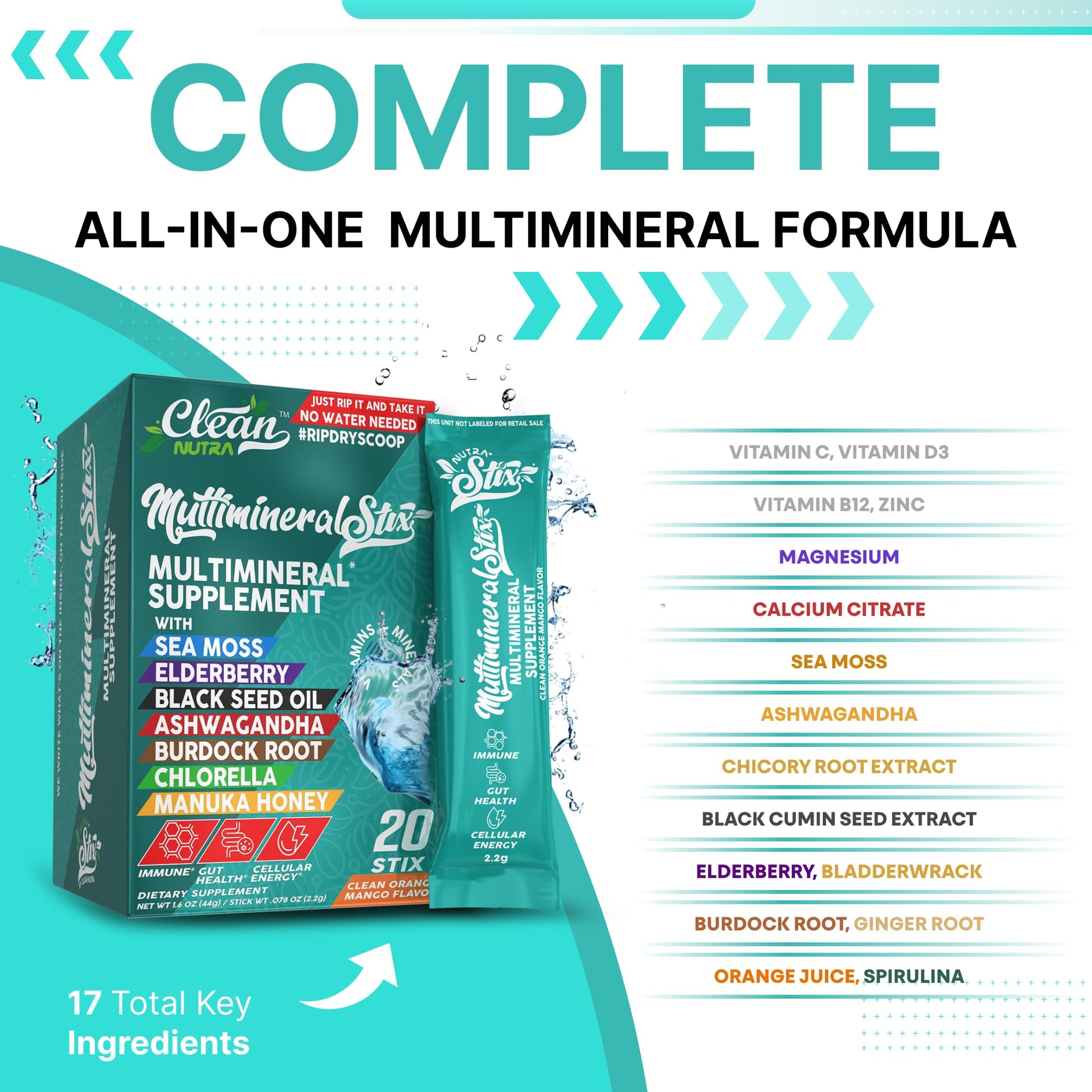 Sea Moss Powder Elderberry Ashwagandha Chlorella Manuka Honey VitaminD3 Vitamin C Zinc Spirulina Iodine Greens Detox Immune Support Sugar Free Hydration Powder Drink Mix – 20 Sticks Clean NutraceuticalsAu supplements
