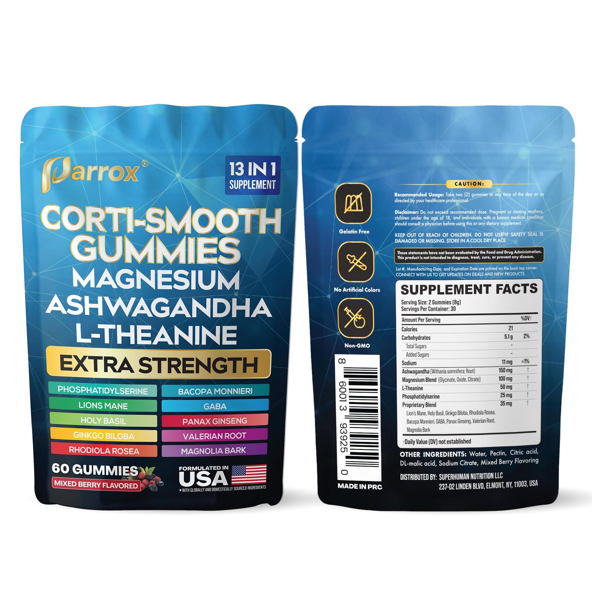Parrox Corti-Smooth Cortisol Support Gummies with Magnesium, L-Theanine, Ashwagandha, Phosphatidylserine, Bacopa Monnieri, Lions Mane, Ginkgo Biloba, Valerian Root (60 Gummies - Mixed Berry Flavor) ParroxAu supplements