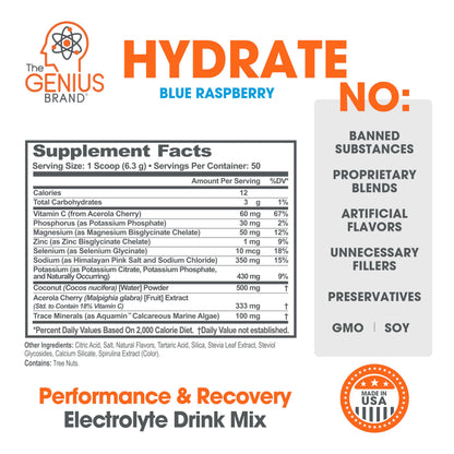The Genius Brand - Genius Hydrate Stick Pack Powder Drink Mix – Blue Raspberry Flavor, Natural Electrolyte Booster with Coconut Water & Potassium for Ultimate Hydration - 20 Packets The Genius BrandUS supplements