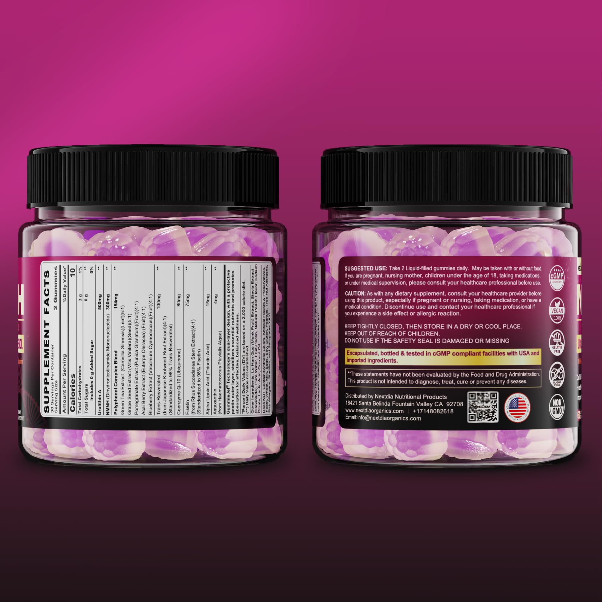 NMNH Gummies 300MG for Longevity with Urolithin A, Polyphenol Blend, Resveratrol, NAD+ Supplement for Women & Men Boost NAD+ Levels, Optimized Aging, Cell, DNA Repair, Energy, Focus, Sugar Free, 60cts NextdiaAu supplements