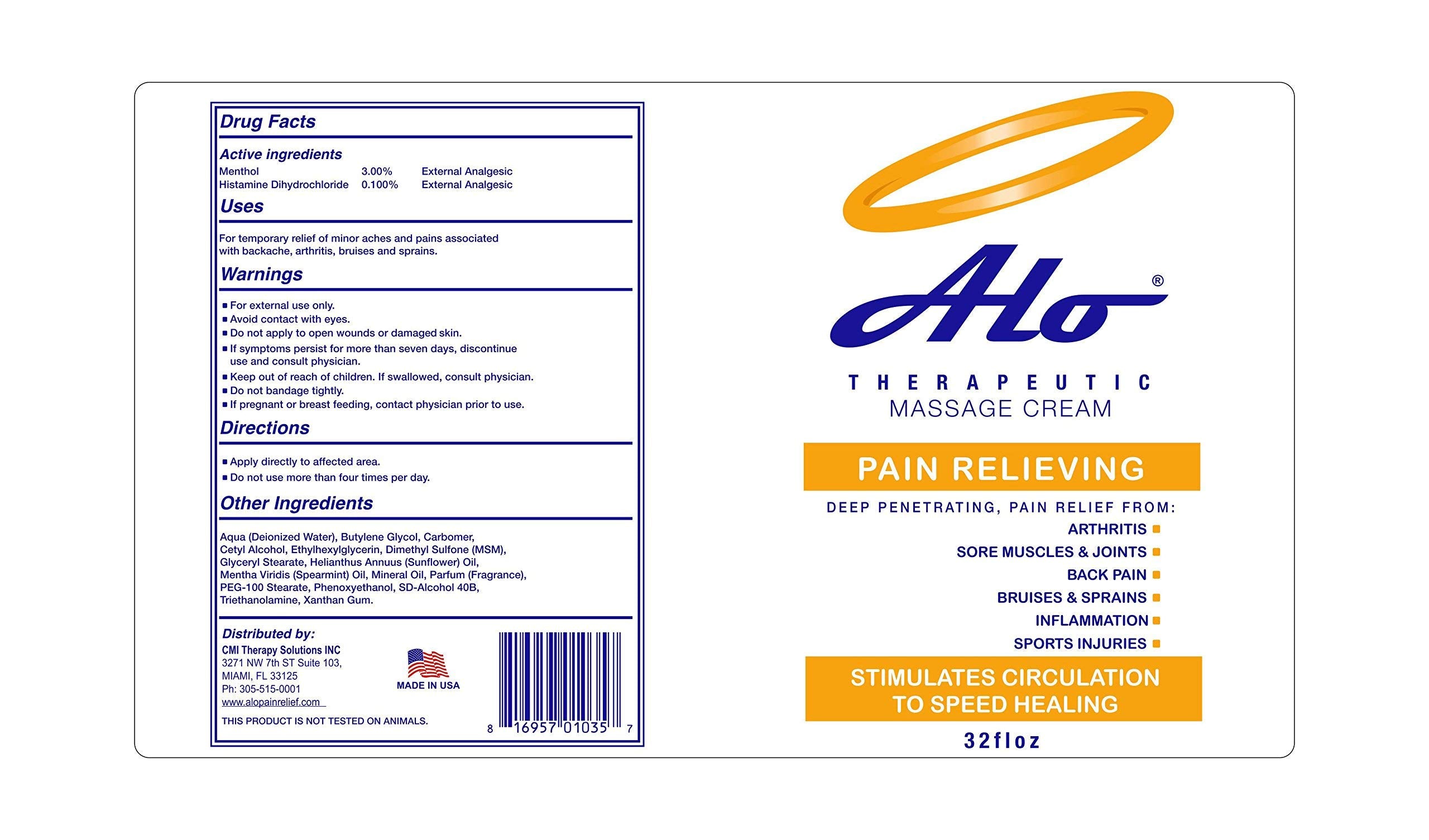 ALO Pain Relief Cream Therapy(32 oz with Pump) for Arthritis, Back Pain, Sciatica, Plantar Fasciitis, Tennis Elbow, Sore Muscles & Joints Inflammation - Working Out Aches, Acute Pain and Chronic Pain ALO Pain Relief CreamAu supplements