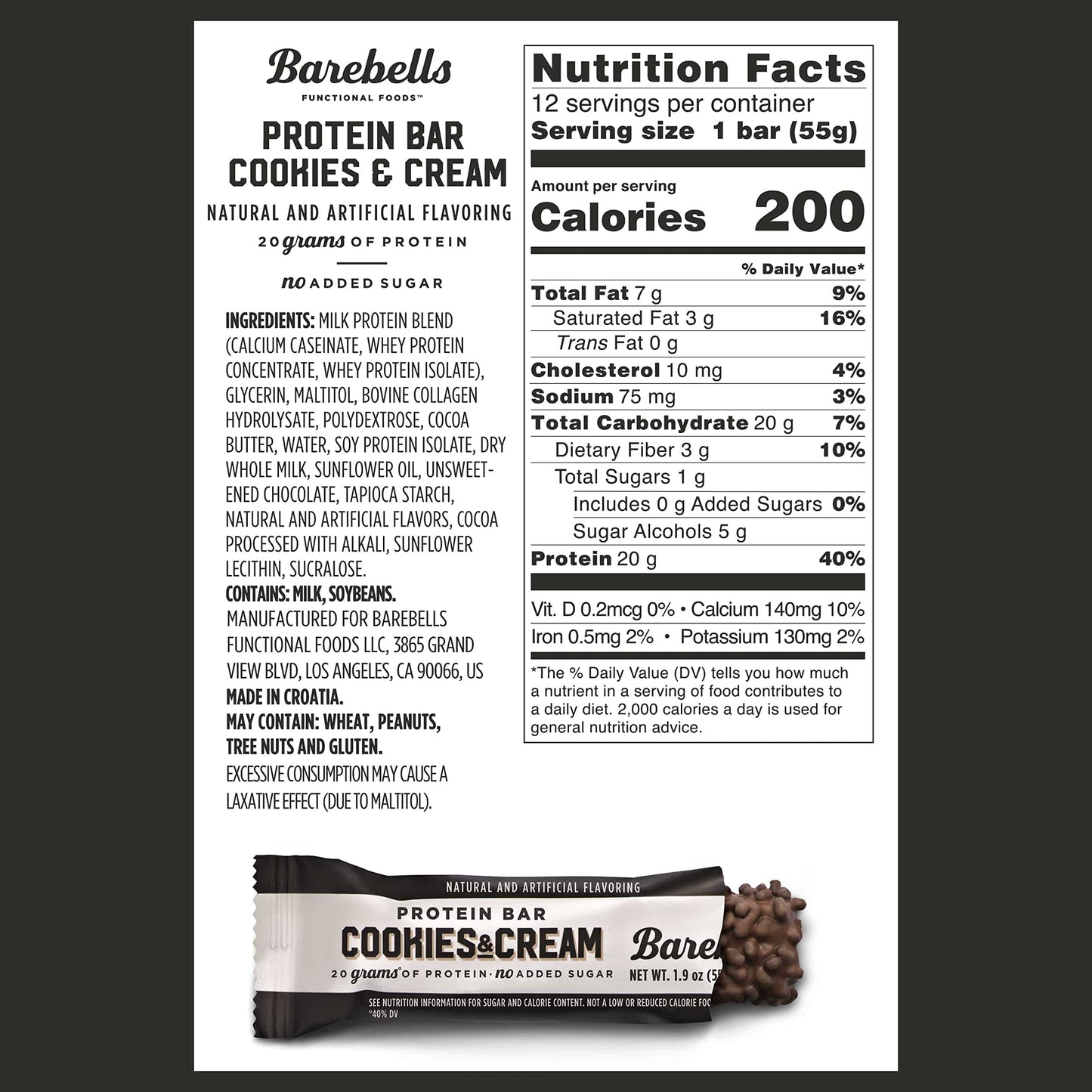 Barebells Protein Bars Cookies & Cream - 12 Count, 1.9oz Bars - Protein Snacks with 20g BAREBELLSUS supplements