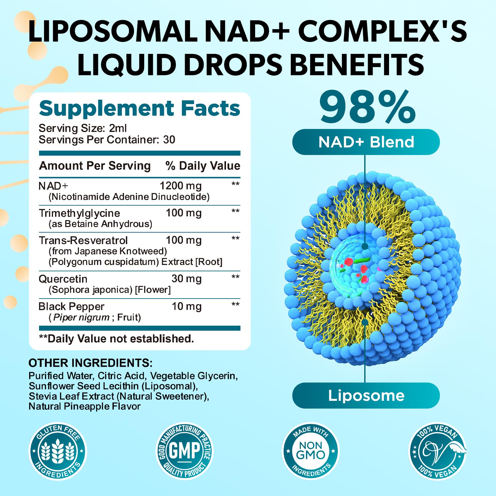 GZ HAOYUAN NAD Liquid Supplement for Women, Liposomal NAD+ Drops 1200MG with NAD Plus Resveratrol, Tmg, Quercetin, Anti-Aging, Cell Regeneration, Energy & Metabolism Support, Pineapple Flavor GZ HAOYUANAu supplements
