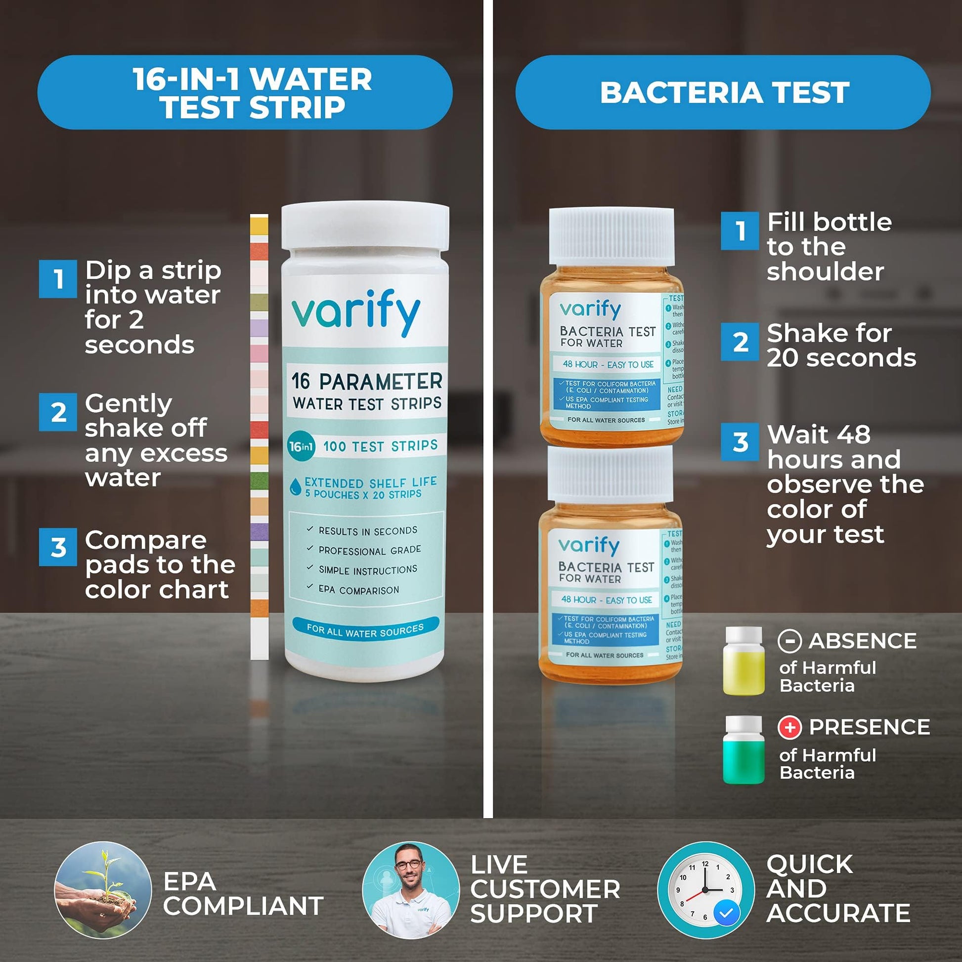 Varify 17in1 Complete Drinking Water Test Kit - 100 Strips + 2 Bacteria Tester Kits - Well, Tap, Home, City Water Testing Strip for Lead, Alkaline, Chlorine, Hardness, Iron, Fluoride, Copper & More VARIFYAu supplements