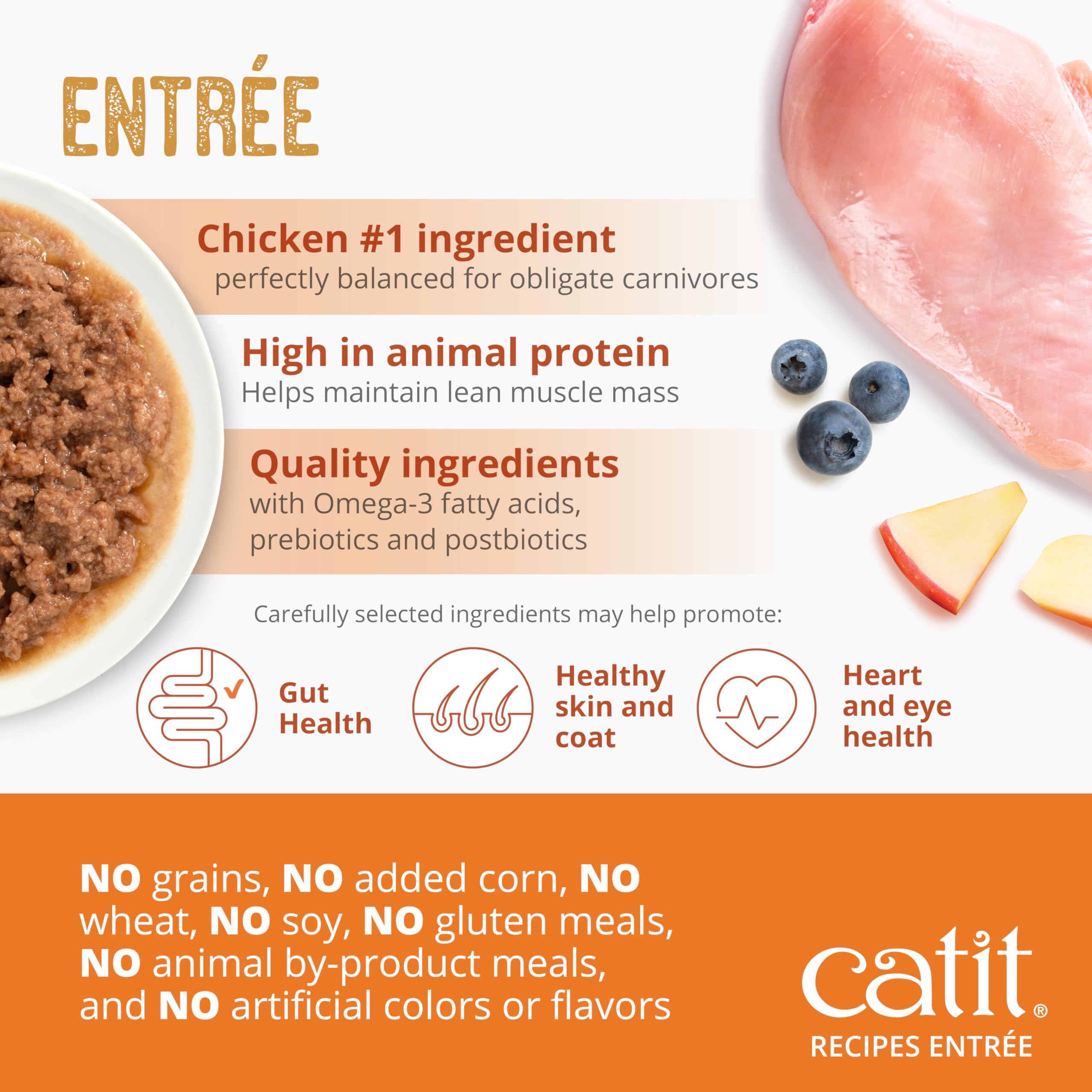 Catit Recipes Adult Chicken Entrée – High-Protein Wet Cat Food with Bone Broth Hydration, Prebiotics & Postbiotics for Gut Health, Omega-3 for Skin & Coat, and Taurine for Heart Support 3oz (12/cs) CatitAu supplements