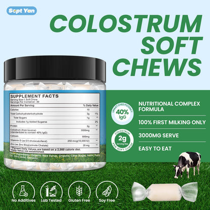 Colostrum Soft Chew Supplement (3000mg + 40% IgG), Concentrated Bovine Colostrum SEPT YANUS supplements