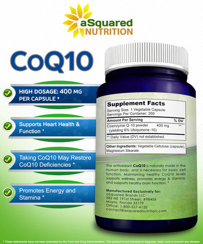 aSquared Nutrition CoQ10 (400mg Max Strength, 200 Capsules) - High Absorption Vegan Coenzyme Q10 Powder - Ubiquinone Supplement Pills, Extra Antioxidant CO Q-10 aSquared NutritionUS supplements