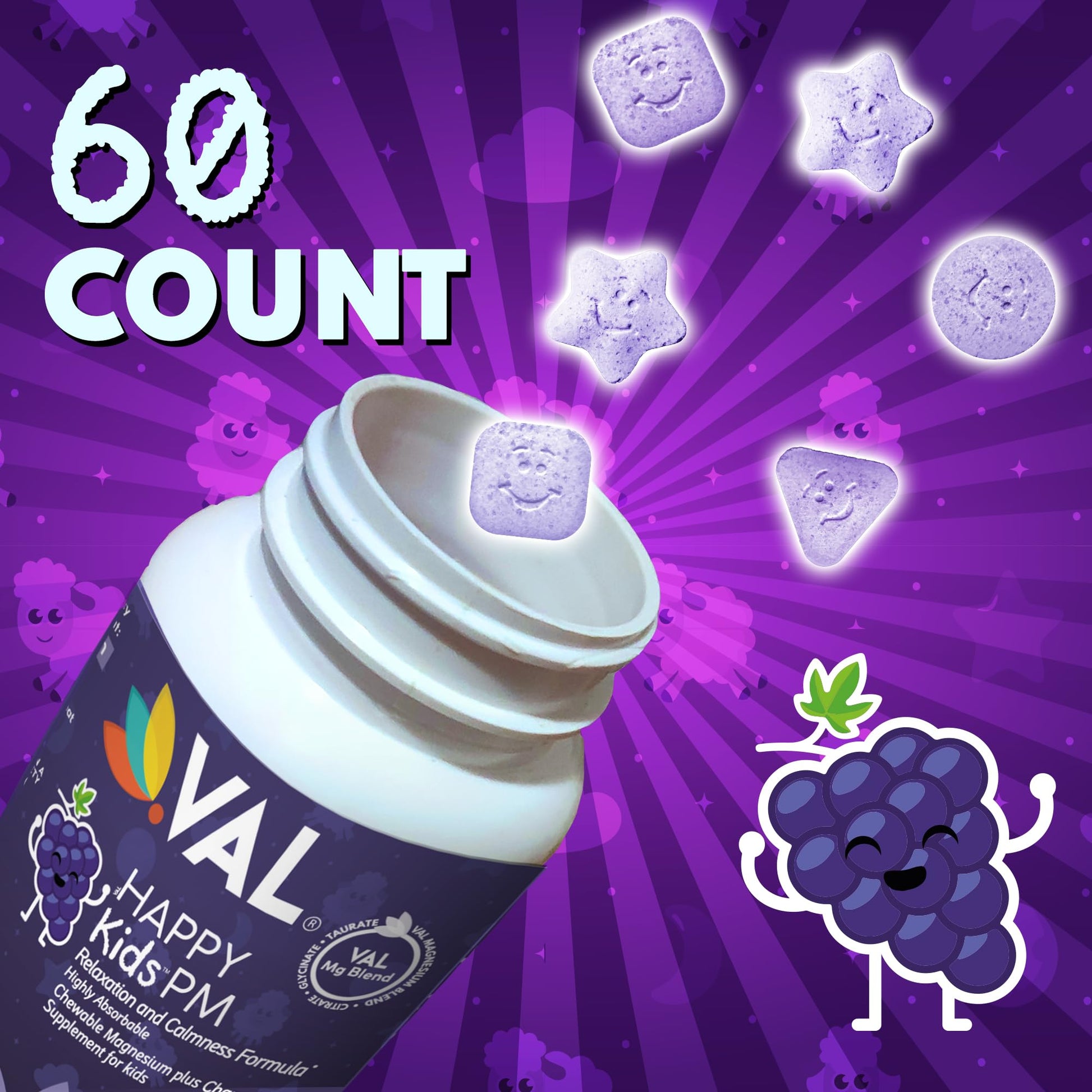 VAL Kids PM Magnesium Gummies | Sugar-Free Chewable Tablets with Chamomile, Magnesium Glycinate + Citrate + Taurate | Vitamin B6 & C | Natural Grape Flavor | Sleep & Calm Support | 60 Ct | Ages 4+ VALAu supplements