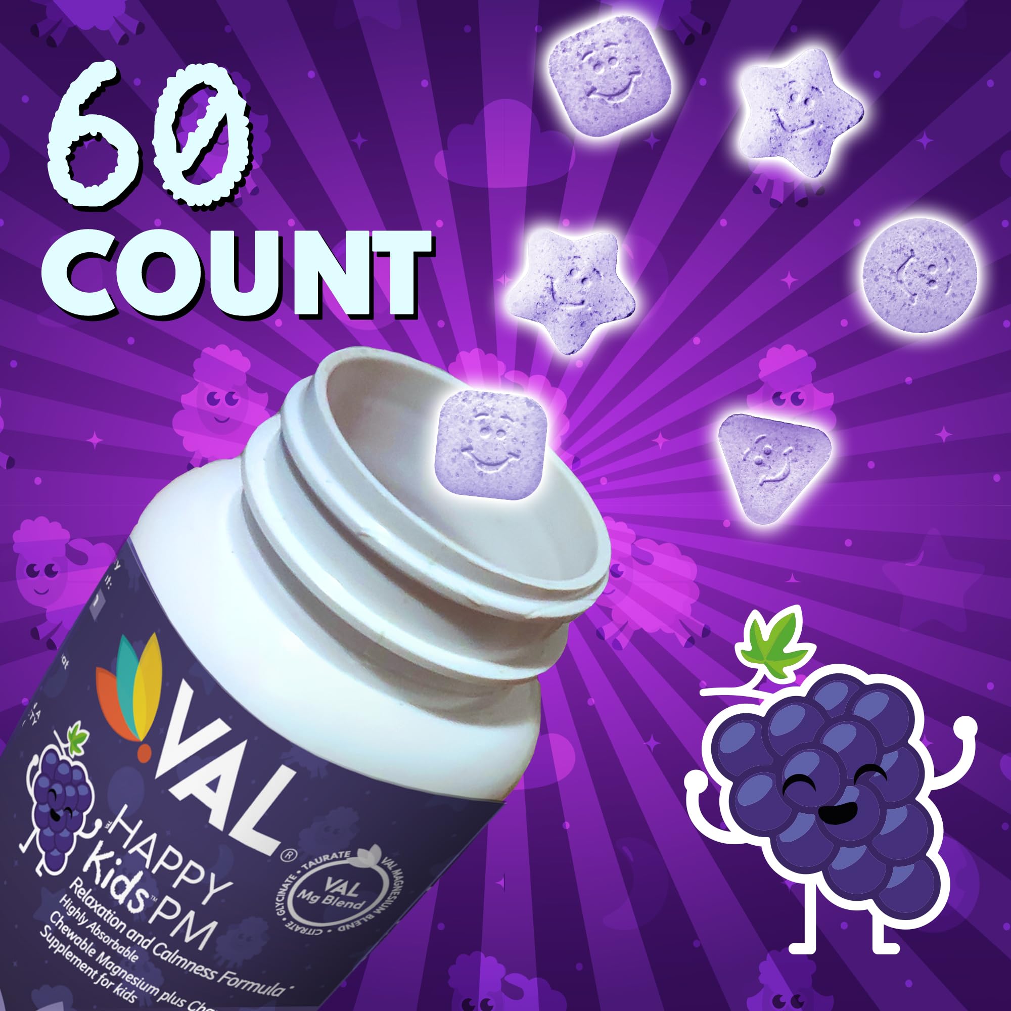 VAL Kids PM Magnesium Gummies | Sugar-Free Chewable Tablets with Chamomile, Magnesium Glycinate + Citrate + Taurate | Vitamin B6 & C | Natural Grape Flavor | Sleep & Calm Support | 60 Ct | Ages 4+ VALAu supplements