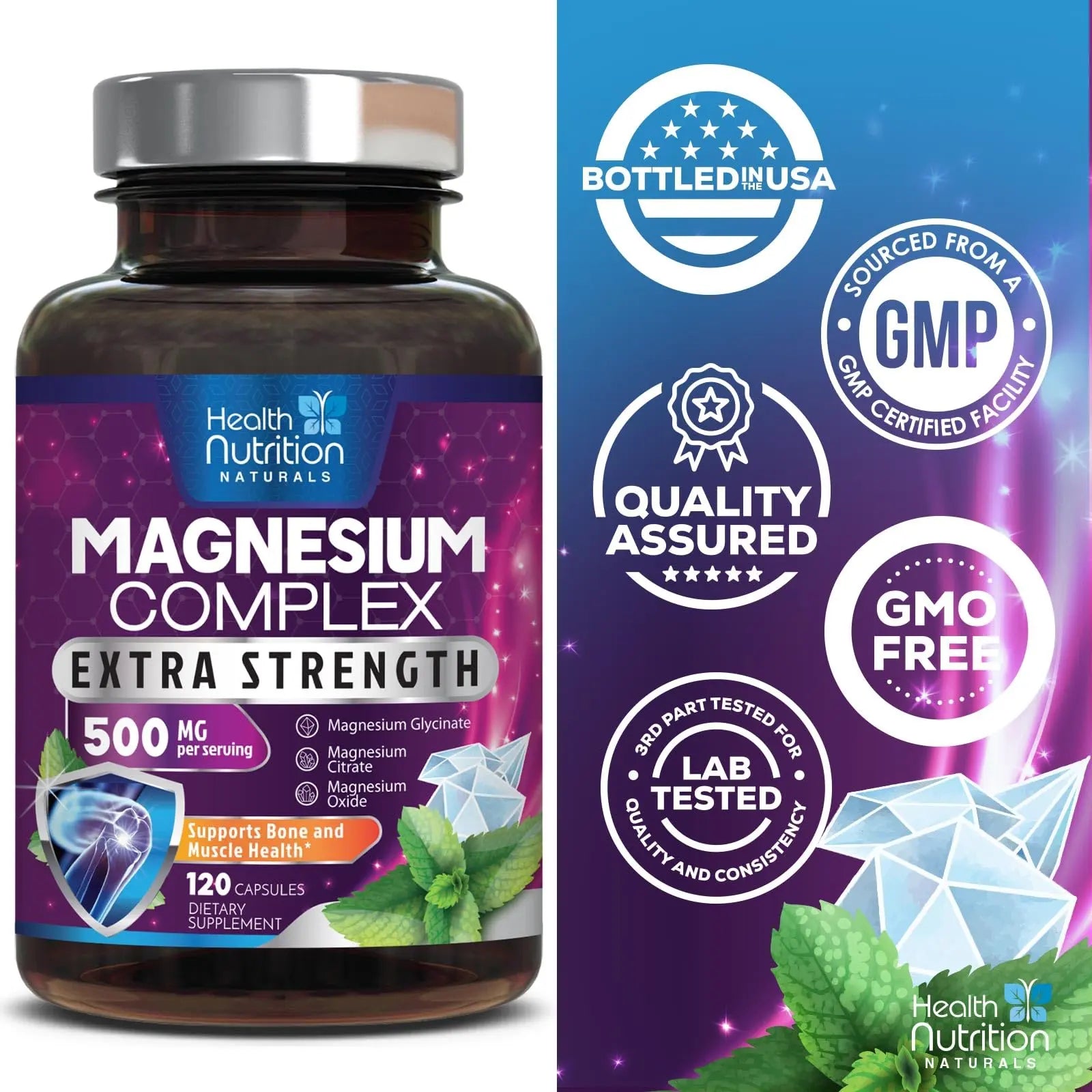Magnesium Complex Capsules - 500mg per Serving Magnesium - High Absorption Chelated Mineral Supplement - with Oxide, Glycinate, Malate, Citrate for Muscle Bone and Heart Health Support - 120 Capsules Health Nutrition Naturalsnz supplements