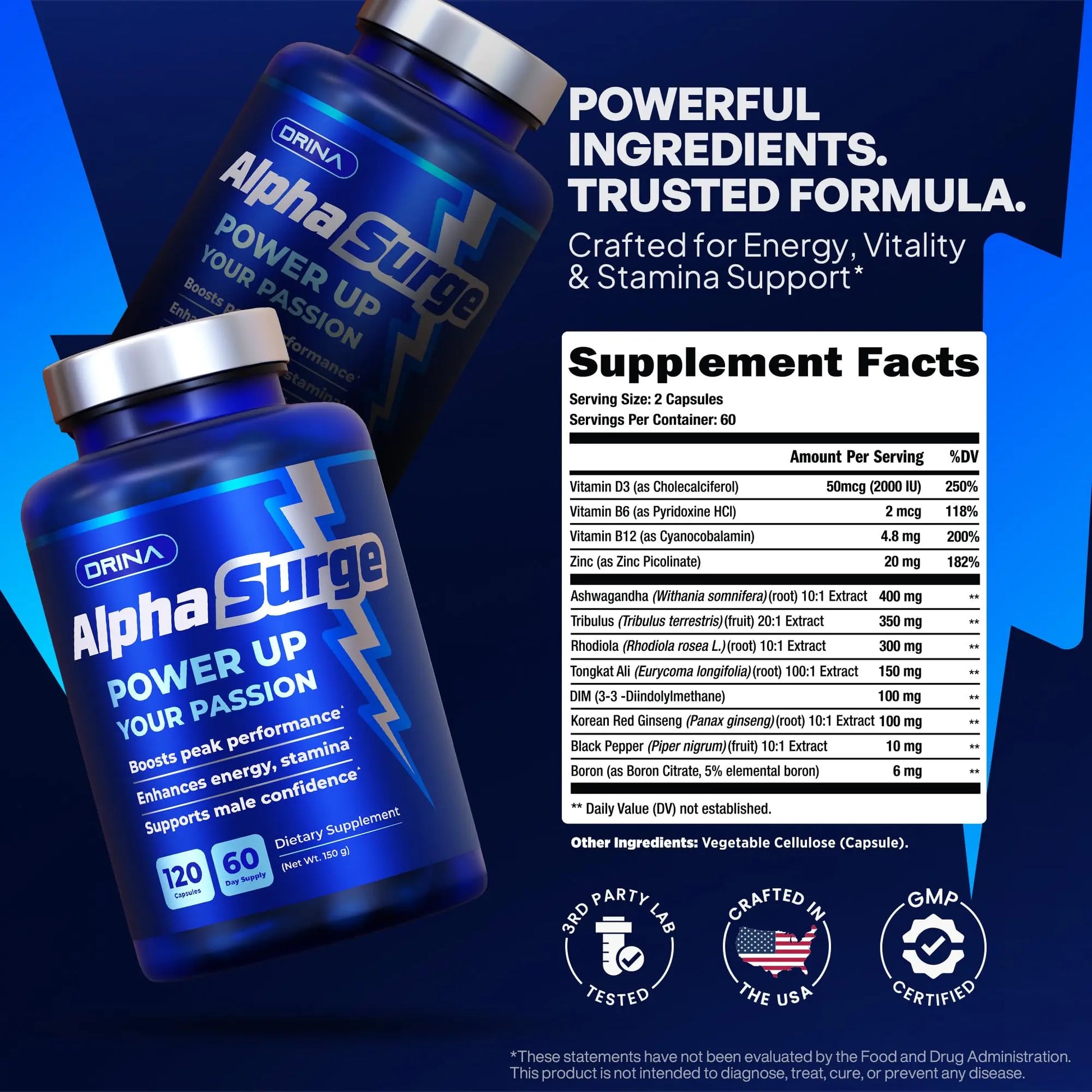 Pills for Men Fast Acting - Male Enhancing Supplement Testosterone Booster - Blood Flow, Libido, Size, Girth, Hardness, Stamina, Enlargement, Growth - Natural Performance Enhancer - 2 Month Supply DRINAnz supplements