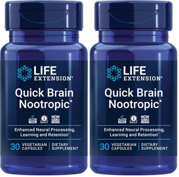 Life Extension Quick Brain Nootropic, Fast Thinking, Learning, Concentration, Lutein, zeaxanthin, gotu kola, bacopa, Gluten Free, Non-GMO, Vegetarian, 1 Daily, 30 Capsules, (Pack of 2) Life ExtensionAu supplements