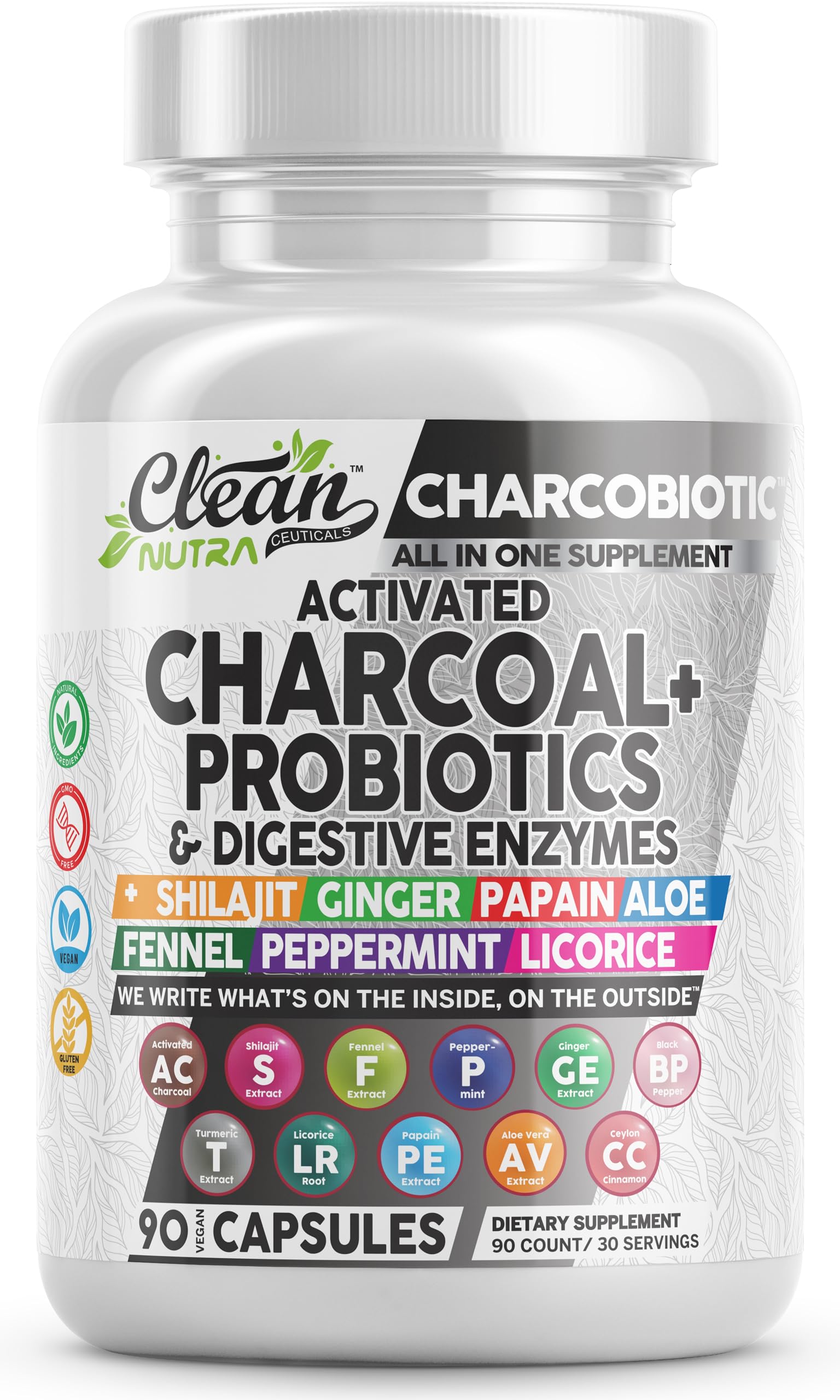Clean Nutra Activated Charcoal Pills + Shilajit Probiotic Digestive Enzymes for Digestive Health Capsules with Peppermint Fennel Licorice Papain Ginger Turmeric Powder | Gut Health Clean NutraceuticalsAu supplements