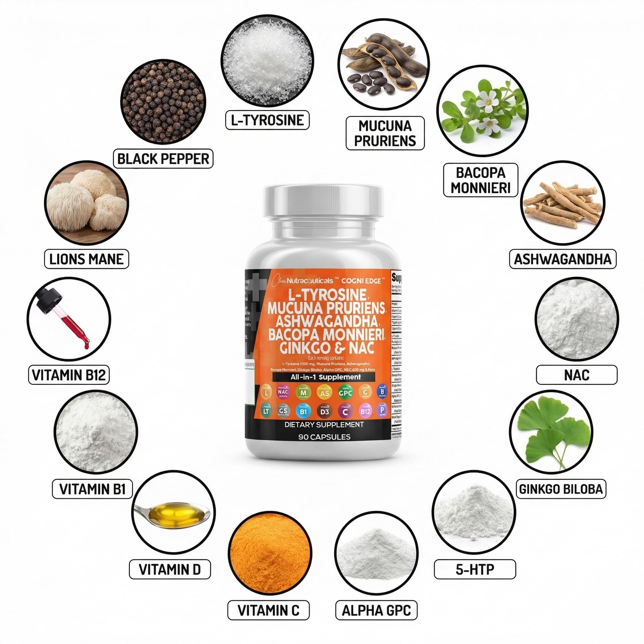 Clean Nutraceuticals L Tyrosine Mucuna Pruriens Bacopa Monnieri Ashwagandha Focus Supplement w/N-Acetyl Cysteine NAC 5-HTP Ginkgo Biloba Alpha GPC Vitamin C D B1 B12 Clean NutraceuticalsAu supplements