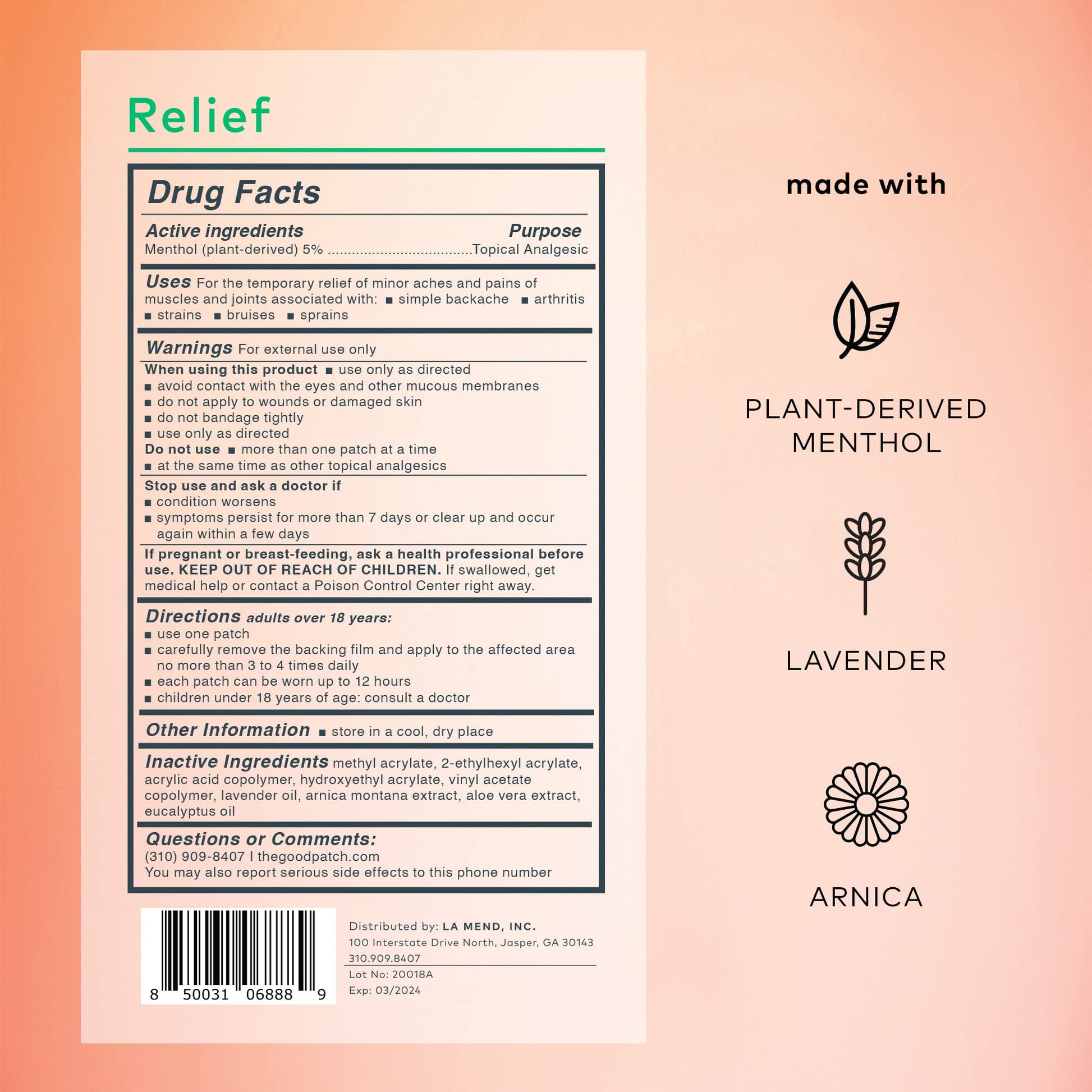 The Good Patch Muscle Pain Relief Patches, Natural Patch with Menthol, Lavender, Arnica and Aloe Vera, Sustained Release, Plant Powered Wearable Wellness, For Back, Neck, Arms, Legs (16 Total Patches) The Good PatchAu supplements