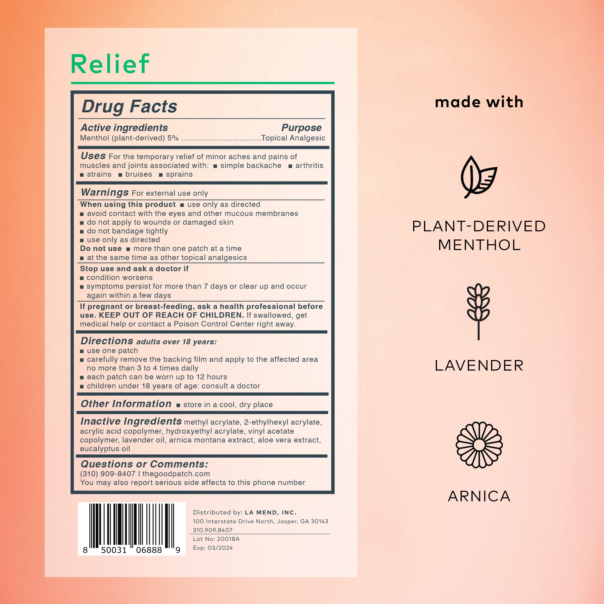 The Good Patch Muscle Pain Relief Patches, Natural Patch with Menthol, Lavender, Arnica and Aloe Vera, Sustained Release, Plant Powered Wearable Wellness, For Back, Neck, Arms, Legs (16 Total Patches) The Good PatchAu supplements