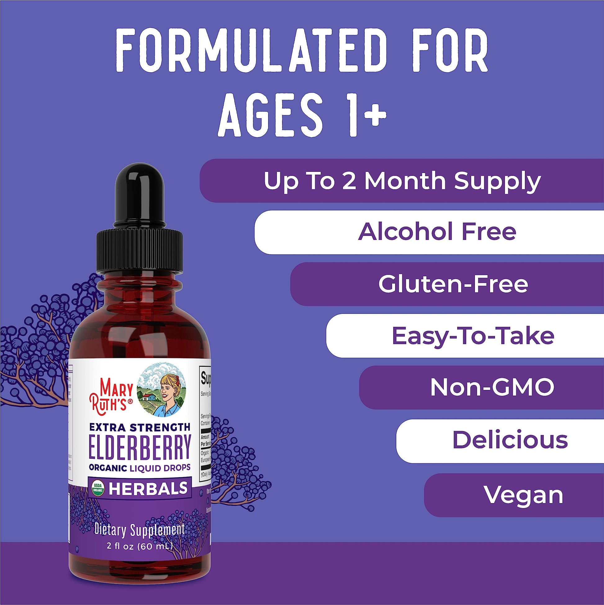 MaryRuth Organics Elderberry Syrup Extra Strength, USDA Organic Elderberry, Sugar Free Adults & Kids Immune Support Supplement for Ages 1+, Clean Label Project Verified®, Vegan, Gluten Free, 2 Fl Oz MARYRUTH'SUS supplements