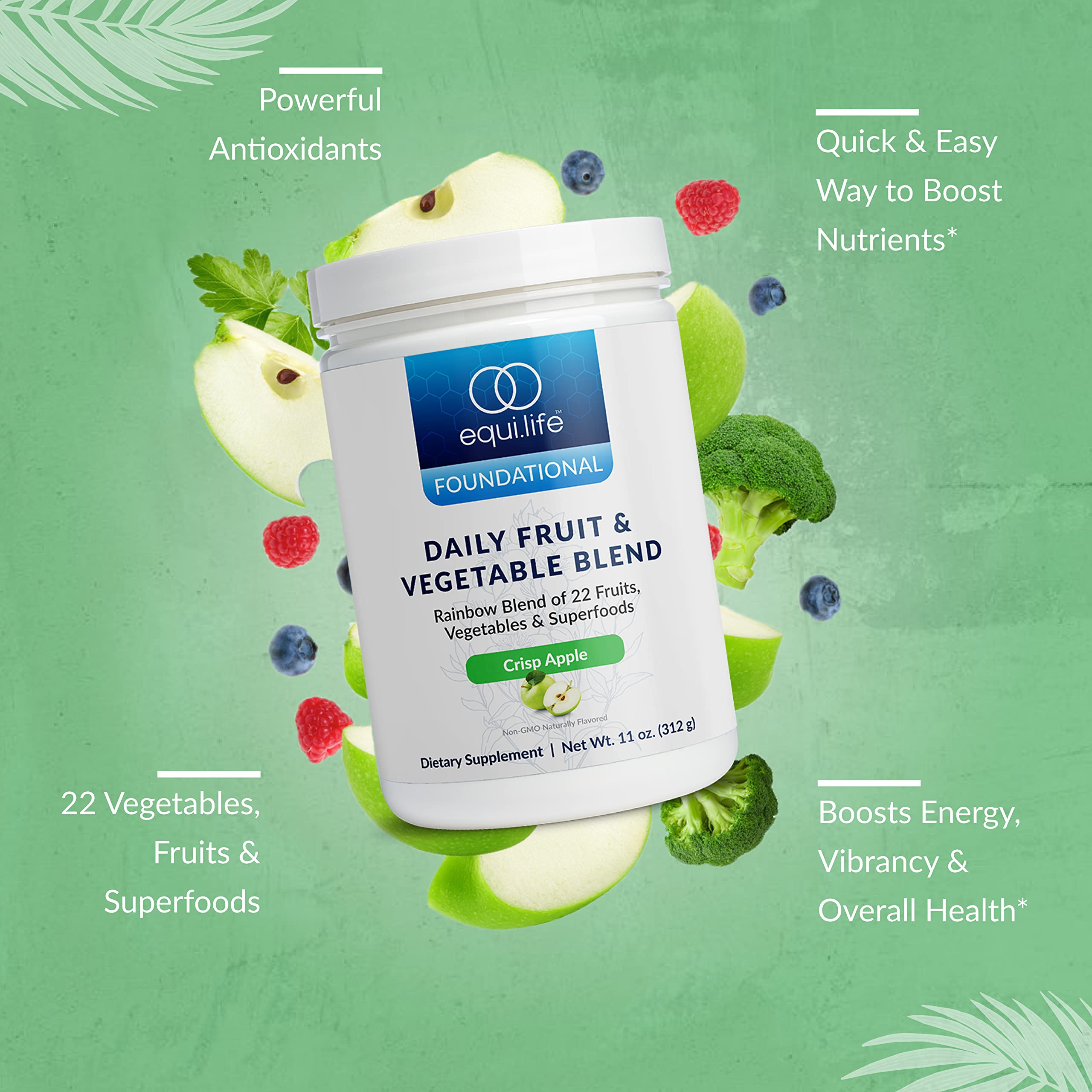 Equilife Daily Fruit & Vegetable Blend, Superfood Antioxidant Supplement, Crisp Apple Flavor with Vitamin C, Fiber, and 9 Essential Amino Acids, Supports Energy, Low Sugar, Vegan, 30 Servings Tub EquilifeAu supplements
