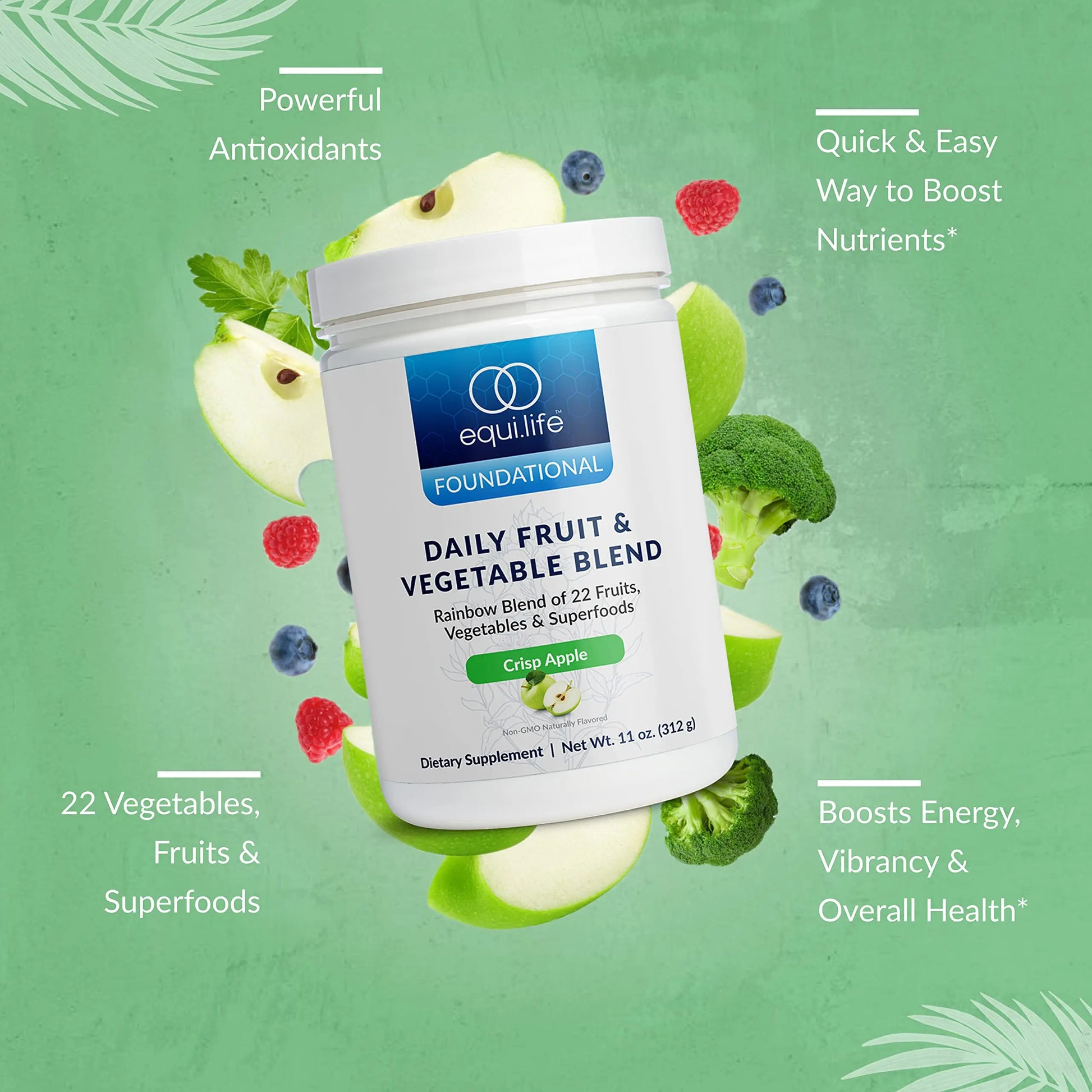 Equilife Daily Fruit & Vegetable Blend, Superfood Antioxidant Supplement, Crisp Apple Flavor with Vitamin C, Fiber, and 9 Essential Amino Acids, Supports Energy, Low Sugar, Vegan, 30 Servings Tub EquilifeAu supplements