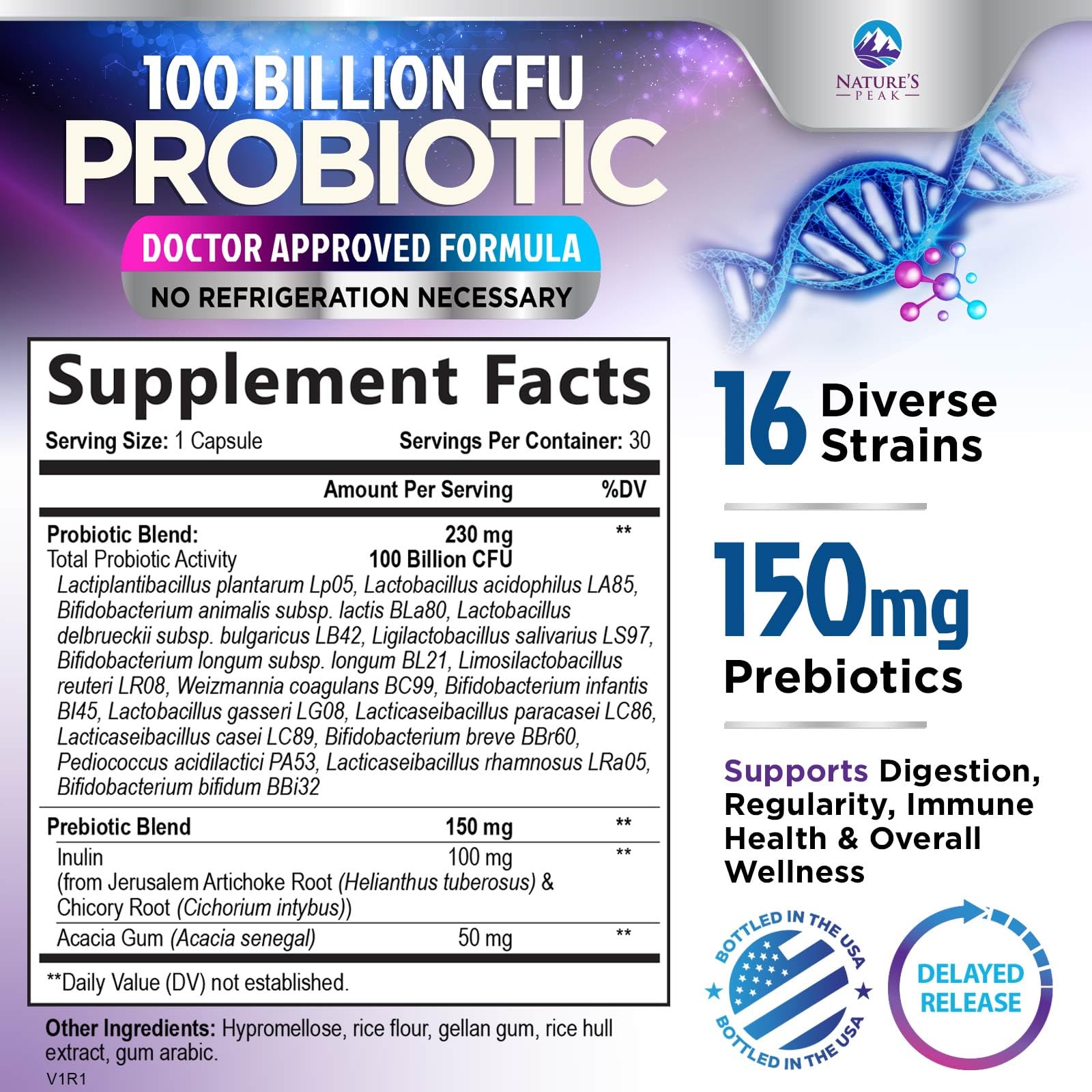 Probiotics 100 Billion CFU - 16 Premium Strains + Prebiotics - Best Probiotics for Women & Men - Supports Immune, Digestive & Gut Health, Supports Occasional Constipation, Gas & Bloating - 30 Capsules Nature's PeakAu supplements