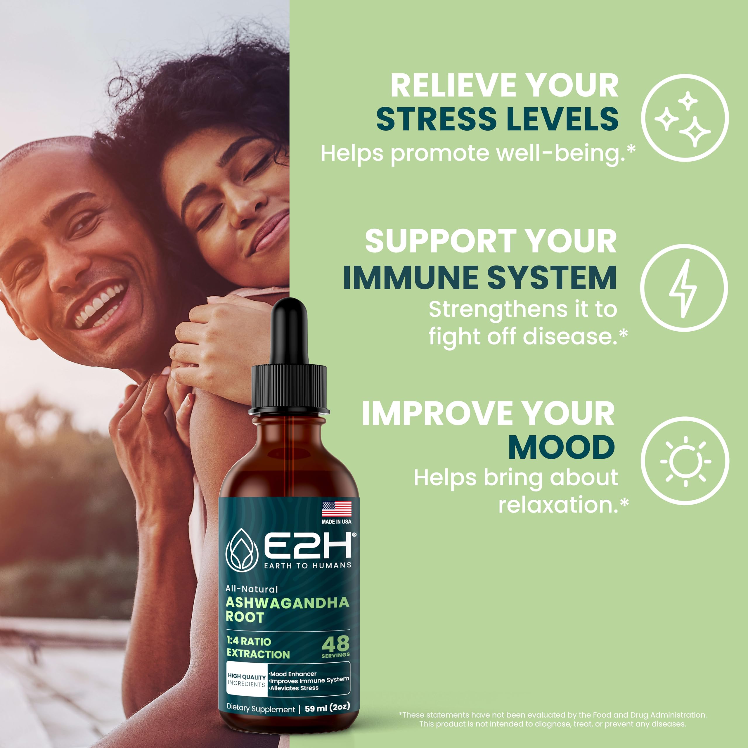 E2H Ashwagandha Liquid Drops - All-Natural Ashwagandha Supplement for Stress Relief and Mood Enhancer- Organic Ashwagandha Root Extract Effective Cortisol Manager | Non-GMO, Vegan | 2 Fl Oz E2H EARTH TO HUMANSAu supplements