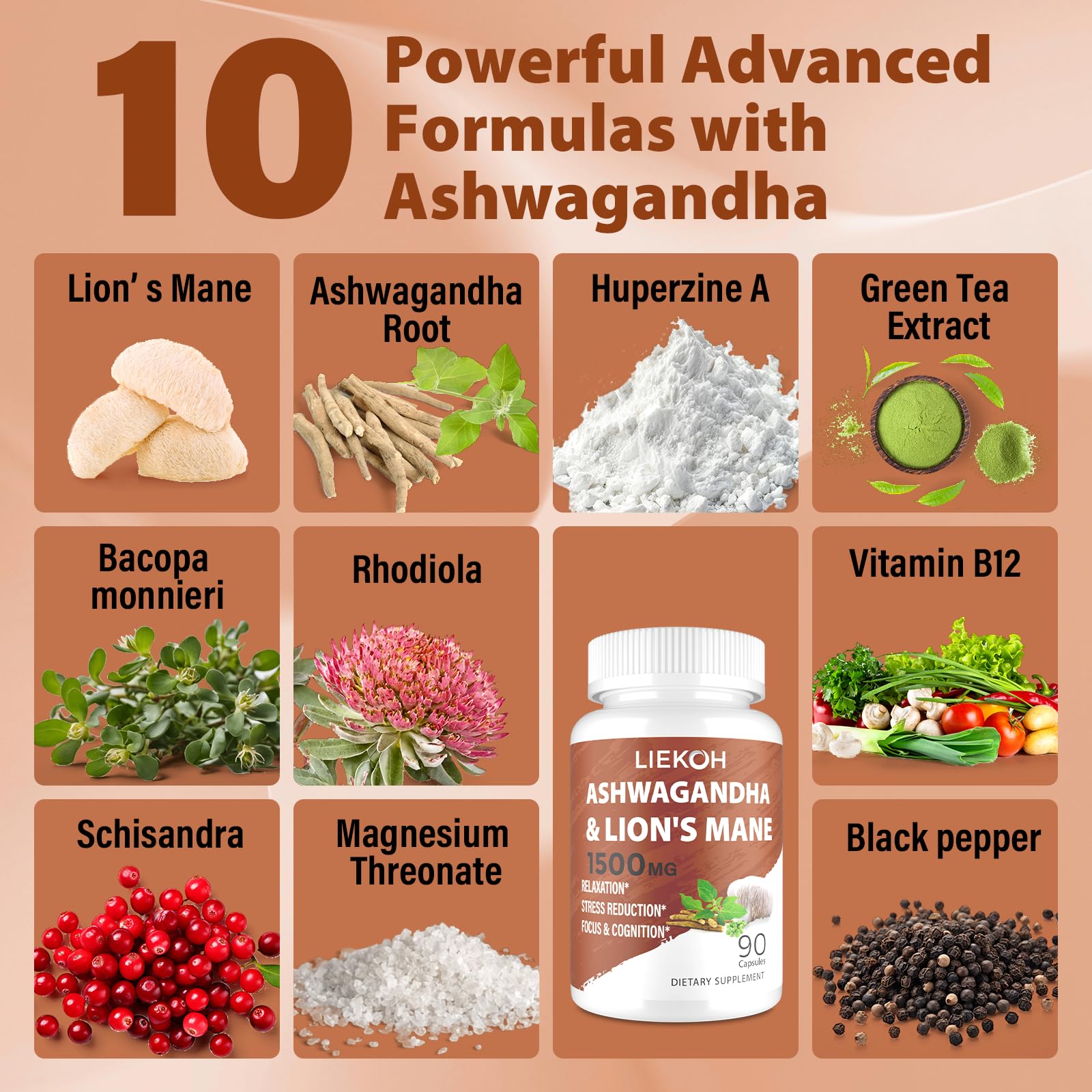 Liekoh Ashwagandha & Lions Mane Supplement Capsules, Brain Supplements for Memory and Focus, Ashwagandha Supplement with Rhodiola & Black Peppe, Cortisol Supplements for Women & Men,90 Caps LiekohAu supplements
