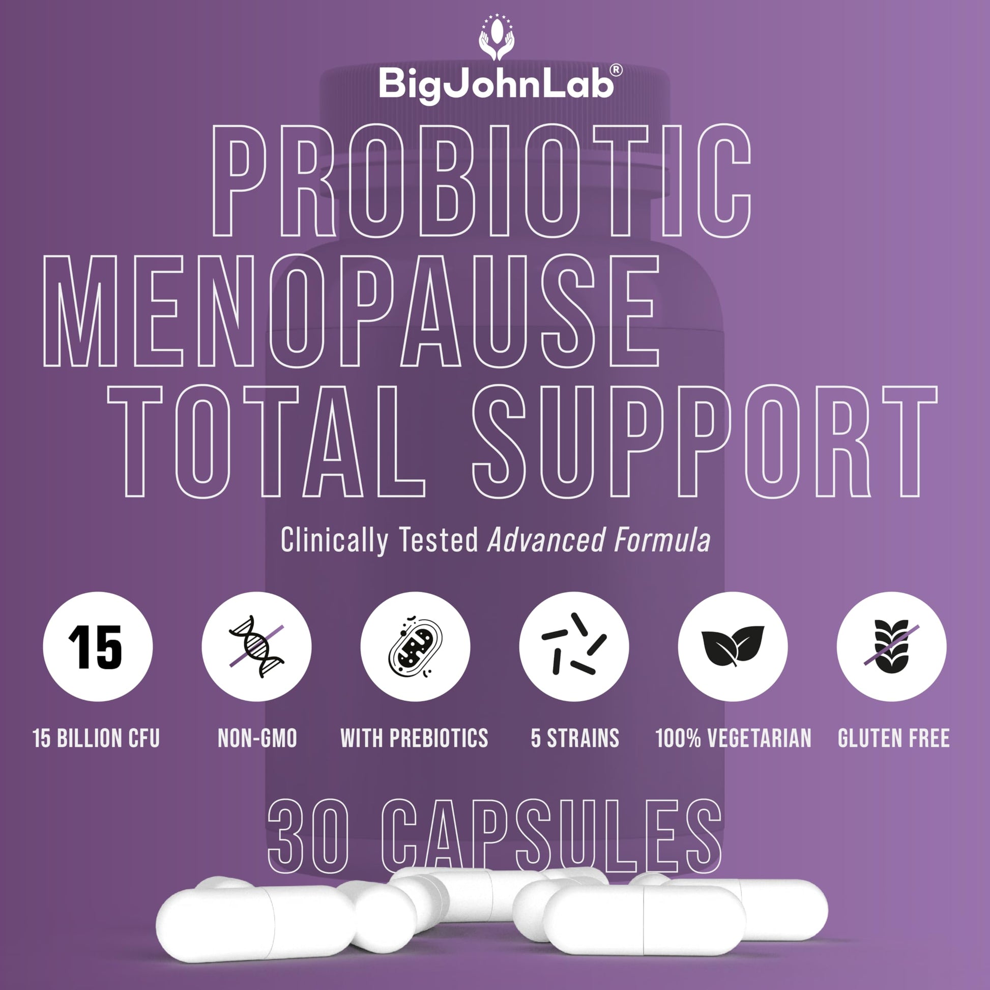 BIGJOHNLAB® - Menopause Total Support – Advanced Probiotic Formula with 5 Strains & 15 Billion CFU, Resveratrol, Black Cohosh, Acacia Fiber, Non-GMO & 100% Vegetarian BIGJOHNLABAu supplements