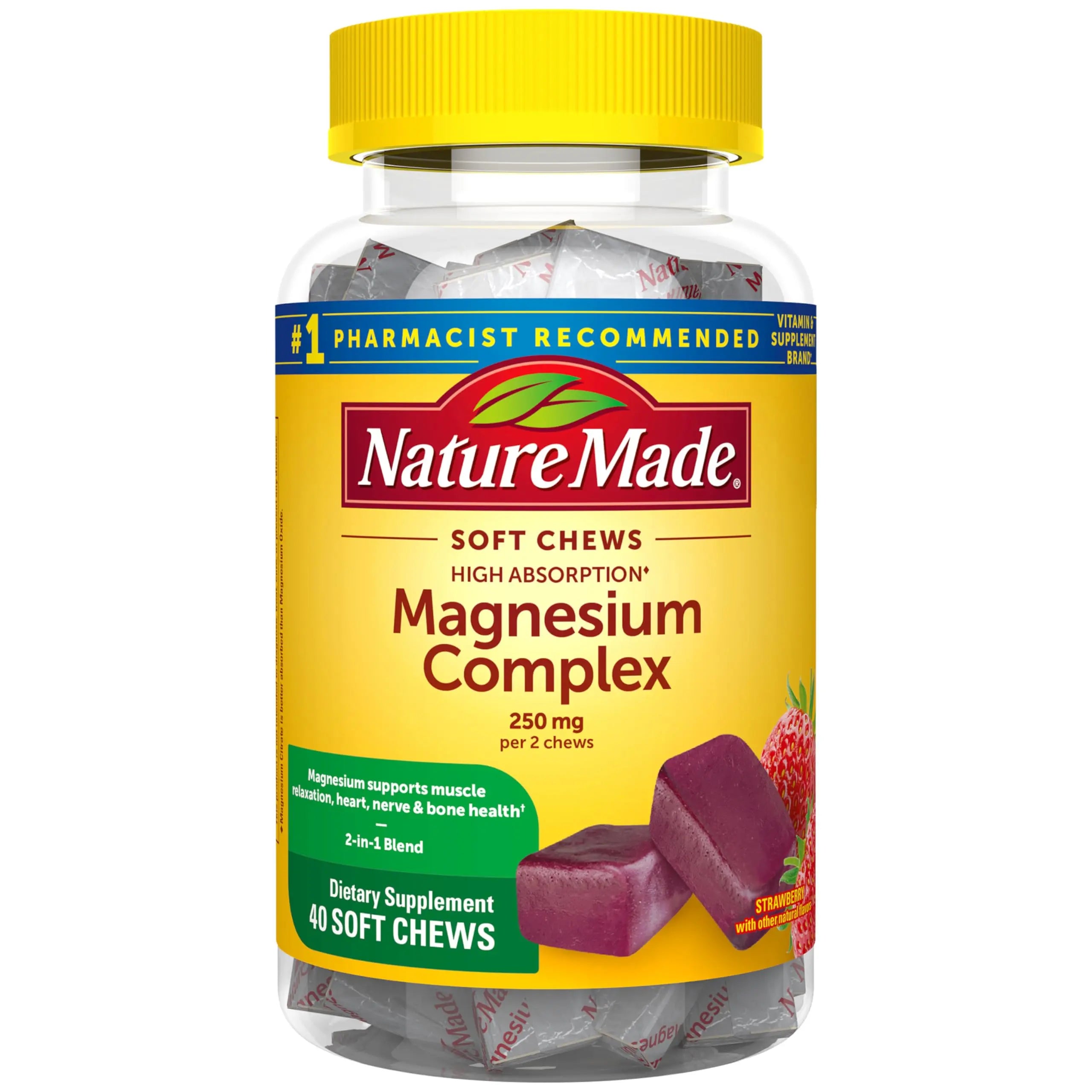 Nature Made High Absorption Magnesium Complex Soft Chews, Magnesium Supplement for Muscle, Heart, Bone Support, Magnesium Citrate & Malate Blend 250 mg per Serving, 40 Vegetarian Chews, 20 Day Supply Nature MadeAu supplements