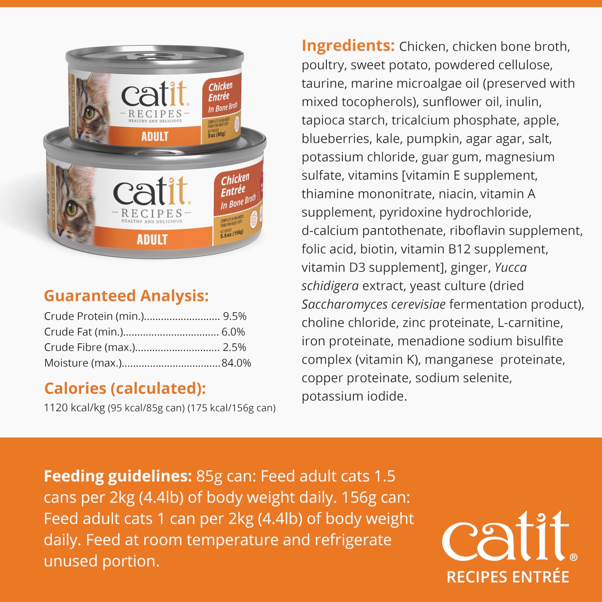 Catit Recipes Adult Chicken Entrée – High-Protein Wet Cat Food with Bone Broth Hydration, Prebiotics & Postbiotics for Gut Health, Omega-3 for Skin & Coat, and Taurine for Heart Support 3oz (12/cs) CatitAu supplements