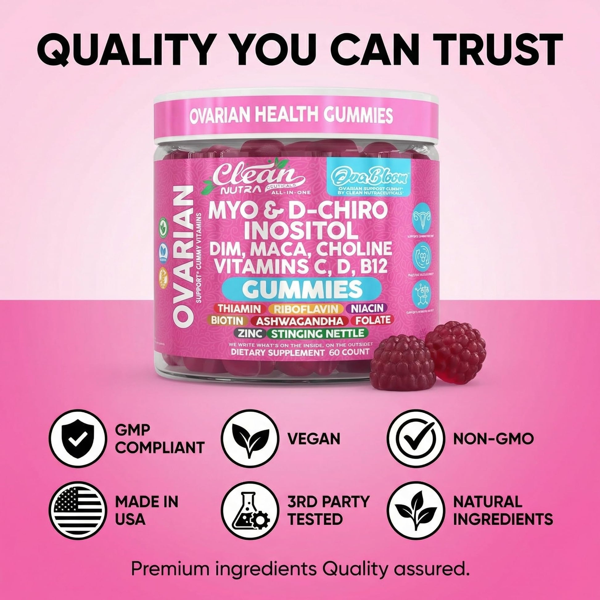 OVA Bloom Ovarian Support Gummies Myo Inositol D-Chiro Inositol Choline Flax Biotin Riboflavin Thiamin Niacin Ashwagandha DIM Maca Root Vitamin C D3 B12 Zinc 60 Count By Clean Nutra Clean NutraceuticalsAu supplements