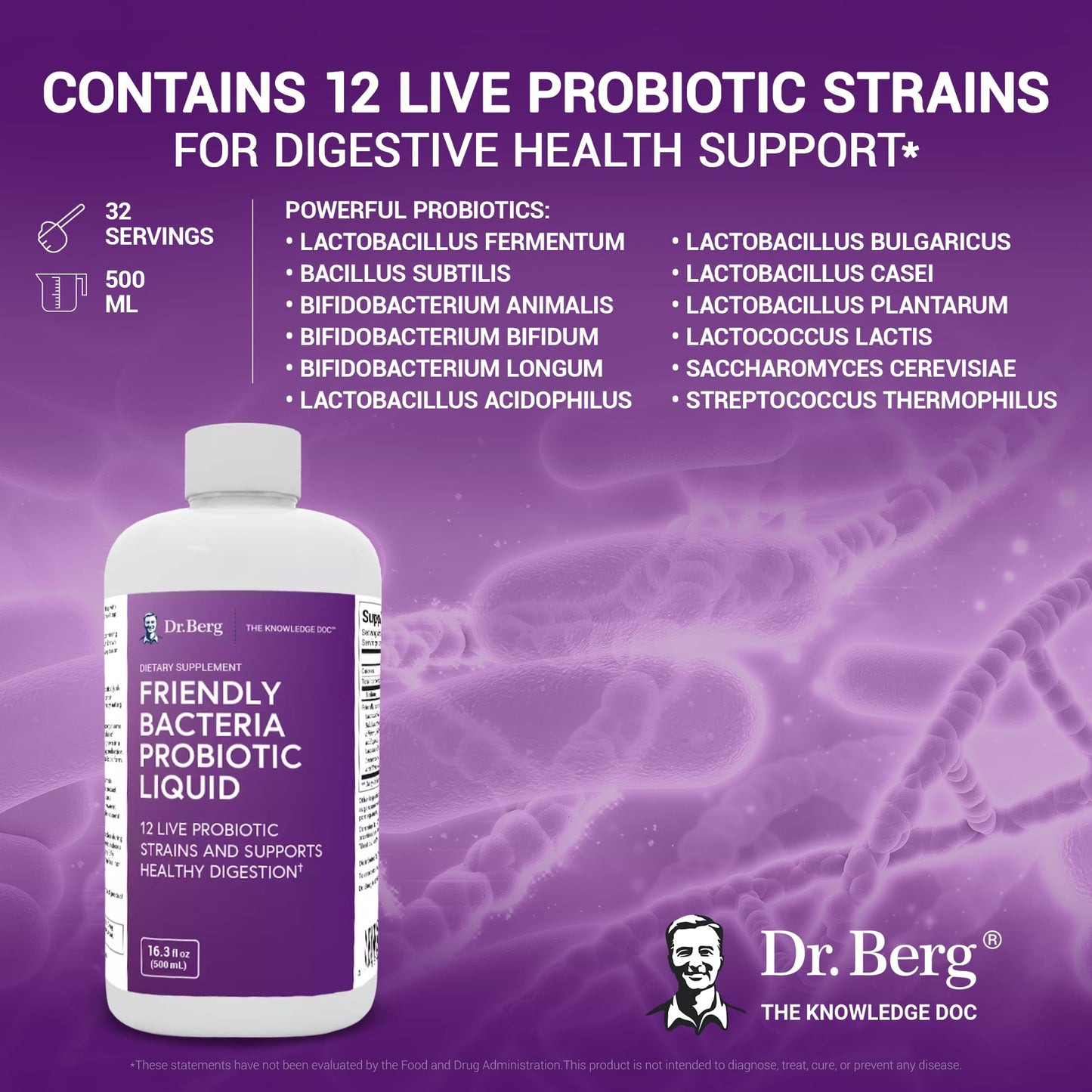 Dr. Berg's Friendly Probiotic Liquid Supplement Drink Mix w/ 12 Live Probiotics Strains Dr. Berg NutritionalsUS supplements