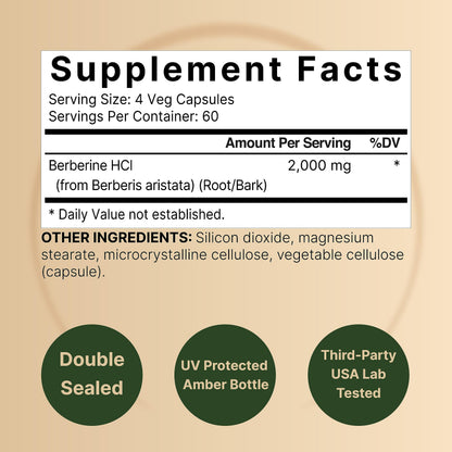 Berberine Supplement 500mg Per Capsule (2,000mg Per Serving) | 240 Veggie Capsules, 97% Pure Berberine HCL – Plant Based, Vegan, Non-GMO NatureBellUS supplements