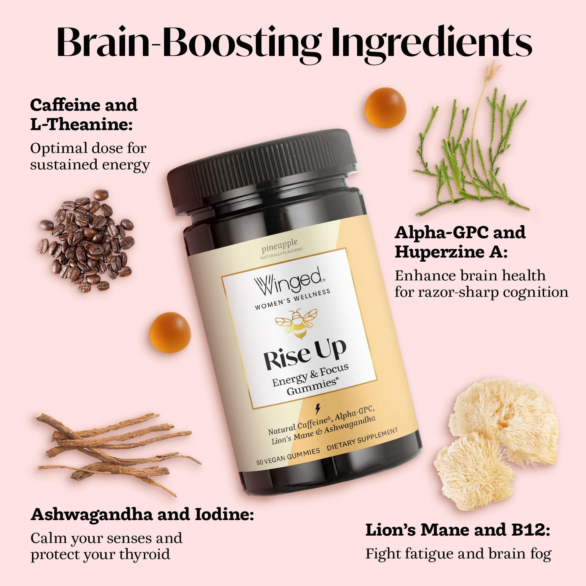 Winged Wellness Rise Up, Energy & Focus Gummies for Women - Daily Brain Boost Gummy Supplement with Natural Caffeine, Ashwagandha, B12, Nootropics Alpha-GPC & Lion’s Mane - Pineapple, 60 Gummies Winged WellnessAu supplements